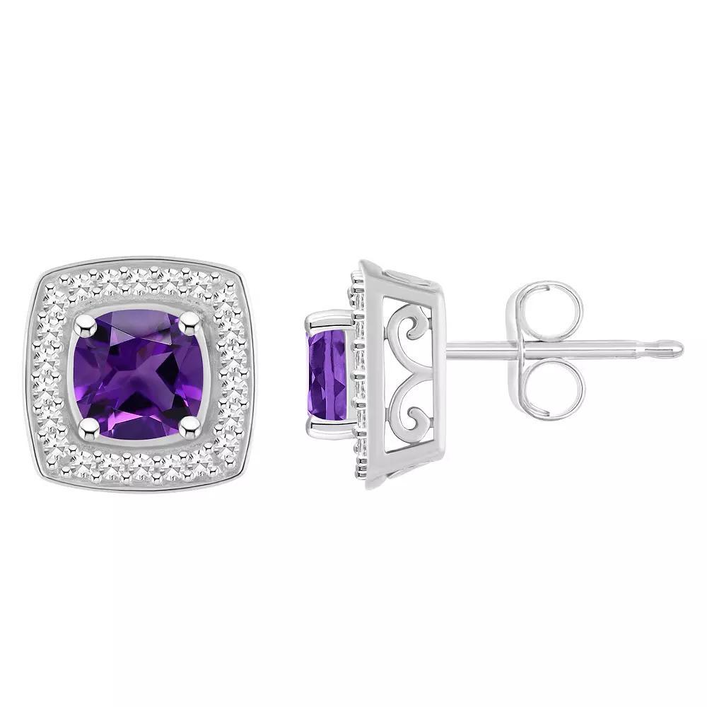 Celebration Gems Sterling Silver Cushion Gemstone & 1/5 Carat T.W. Diamond Halo Stud Earrings, Womens, Purple Product Image
