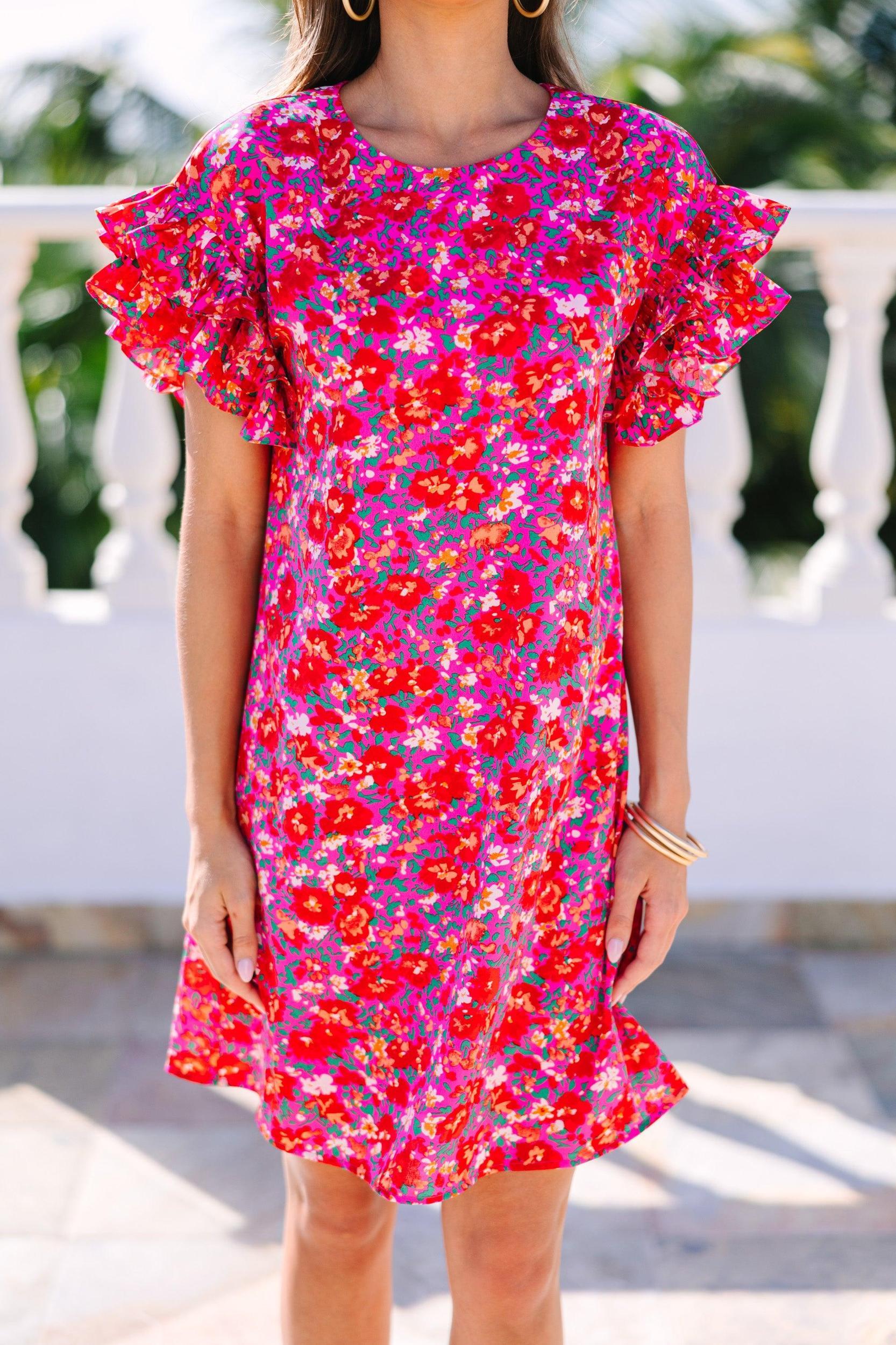What A Vision Fuchsia Pink Floral Ruffled Dress Female Product Image