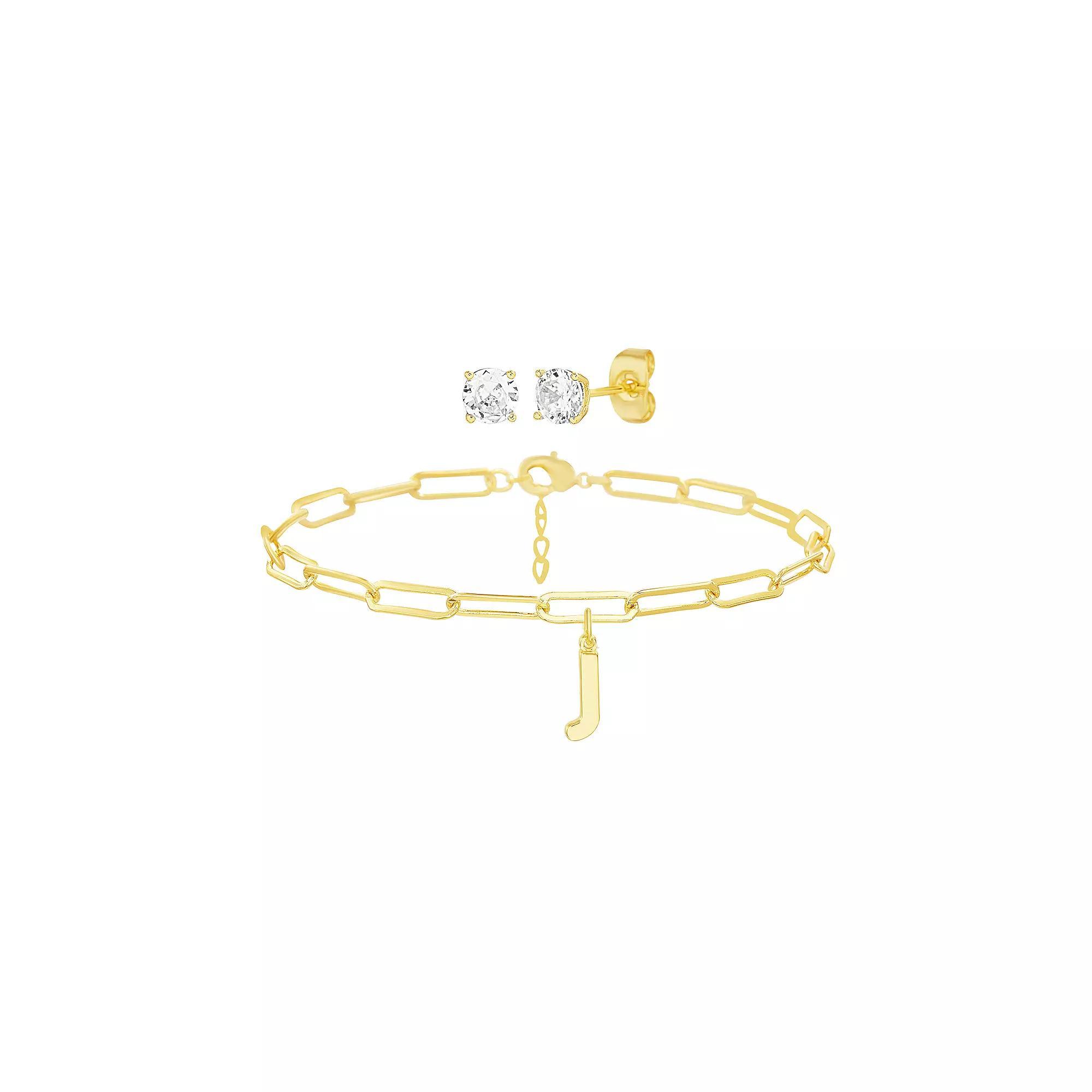 Paige Harper 14k Gold Plated Initial Charm Bracelet & Cubic Zirconia Stud Earring Set, Womens Gold Tone J Product Image