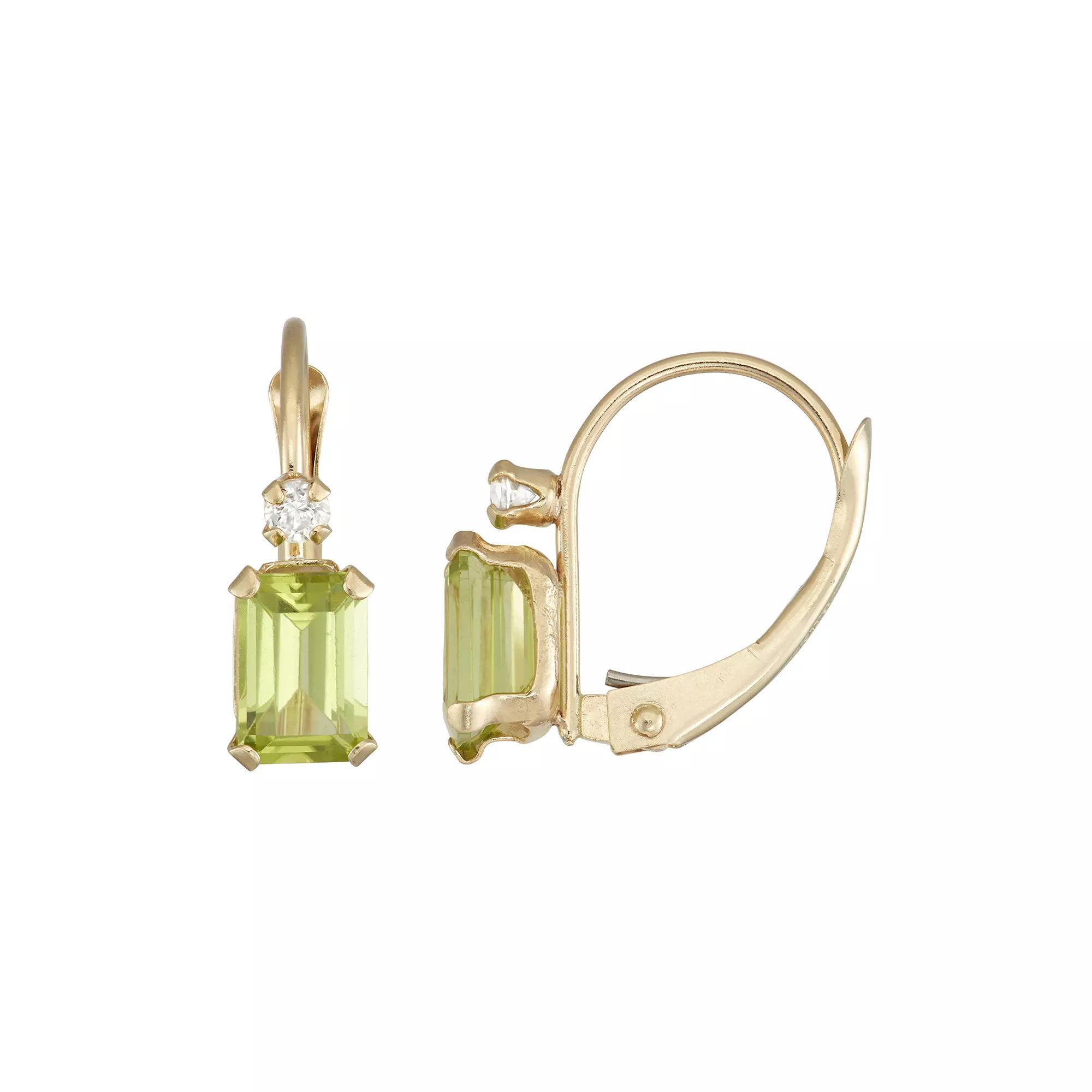 Designs by Gioelli 10k Gold Emerald-Cut Peridot & White Zircon Leverback Earrings, Womens, Green Product Image
