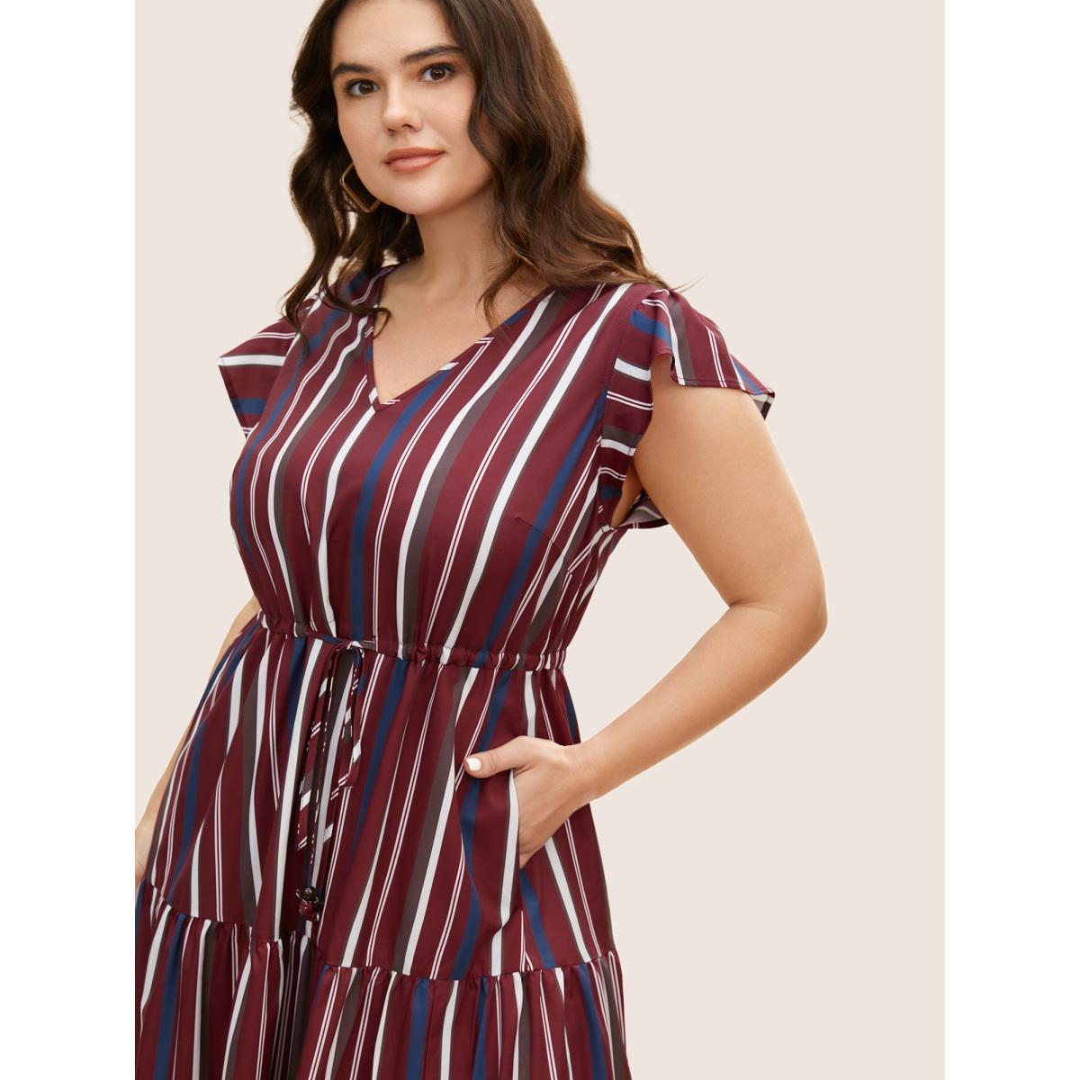 Plus Size Striped Drawstring Ruffle Cap Sleeve Midi Dress Burgundy Women Casual Drawstring V-neck Cap Sleeve Curvy BloomChic 30/6X Product Image