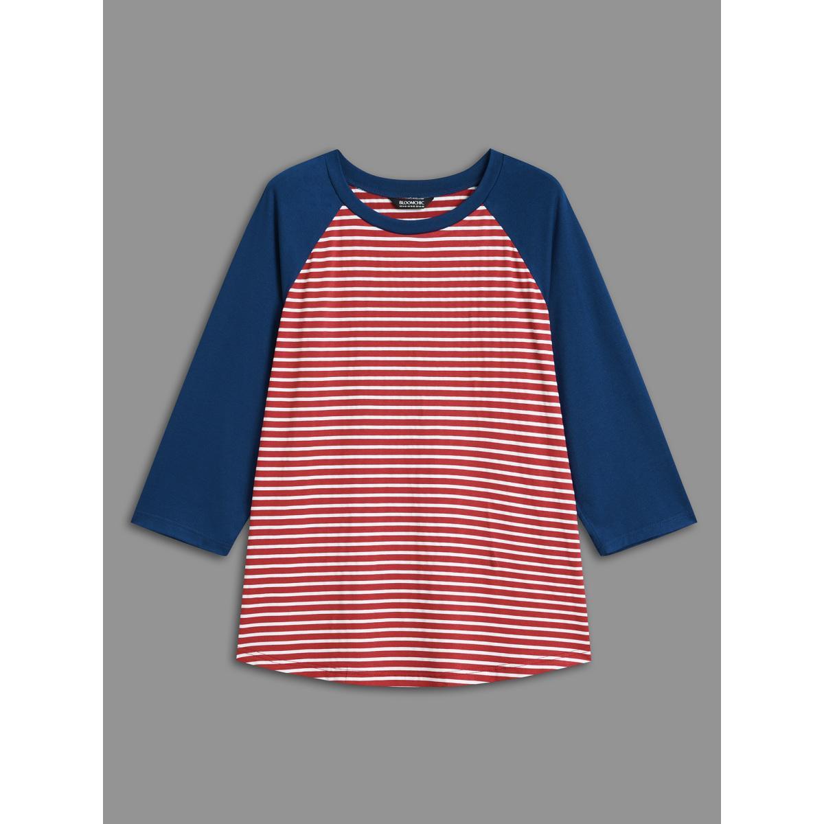 Plus Size Color-Block Striped Raglan Sleeve T-Shirt Multicolor Women Casual Contrast Round Neck Everyday T-shirts BloomChic 26/4X Product Image