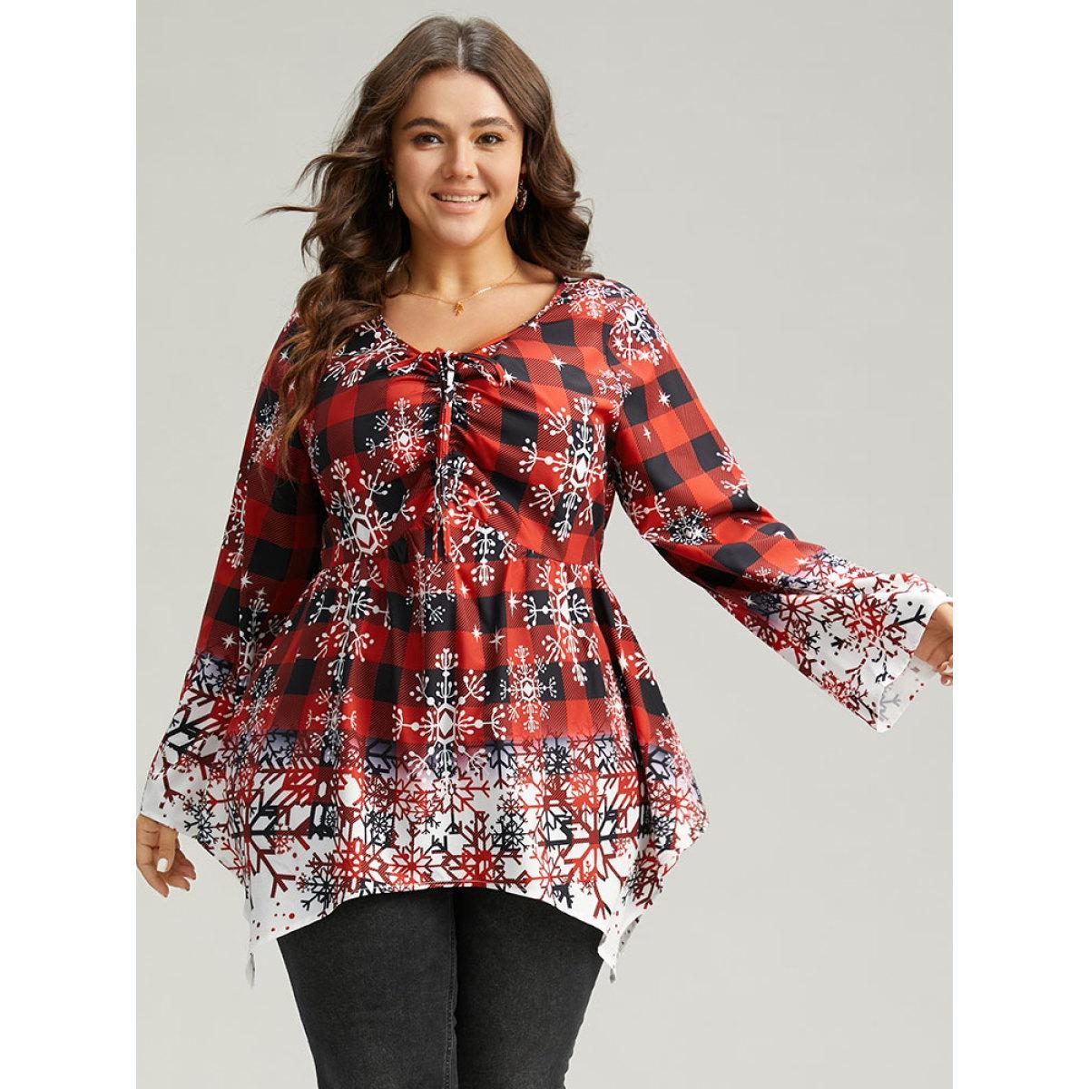 Plus Size Scarlet Oh-so-Chilly Plaid Ties Hanky Hem Blouse Women Elegant Long Sleeve V-neck Festival-Christmas Blouses BloomChic 12/L Product Image