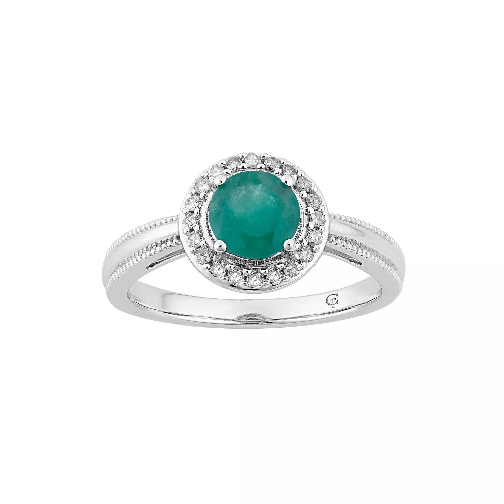 10k White Gold Emerald & 1/8 Carat T.W. Diamond Halo Ring, Women's, 10k Whgold Product Image