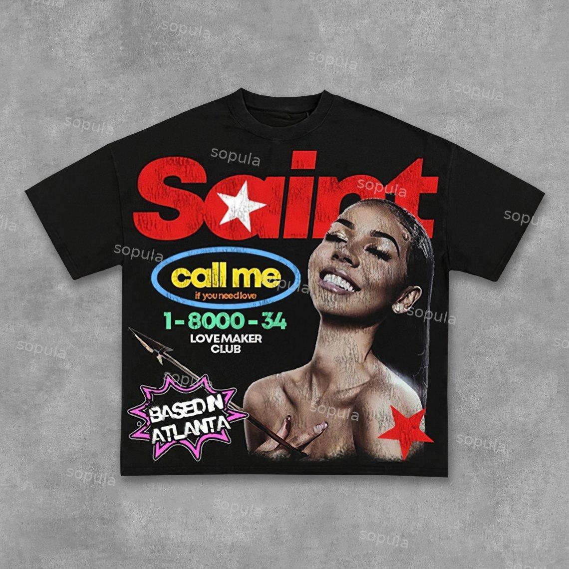 Sopula Vintage Saint Call Me If You Need Love Graphic Short T-Shirt Product Image