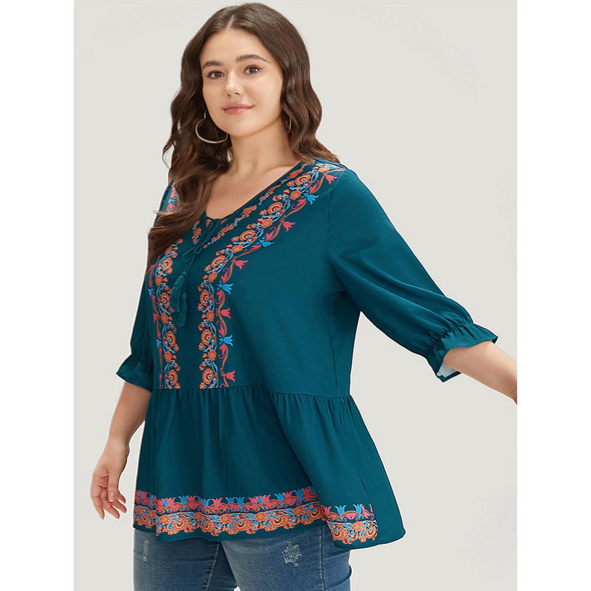 Plus Size Aegean Bandana Print Ties Flutter Trim Gathered Blouse Women Vacation Half Sleeve V-neck Dailywear Blouses BloomChic 18-20/2X Product Image