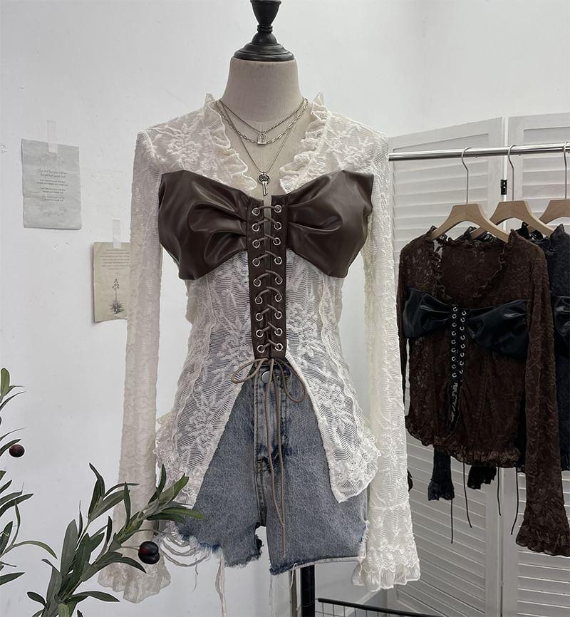 Long-Sleeve V-Neck Faux Leather Lace Top Product Image