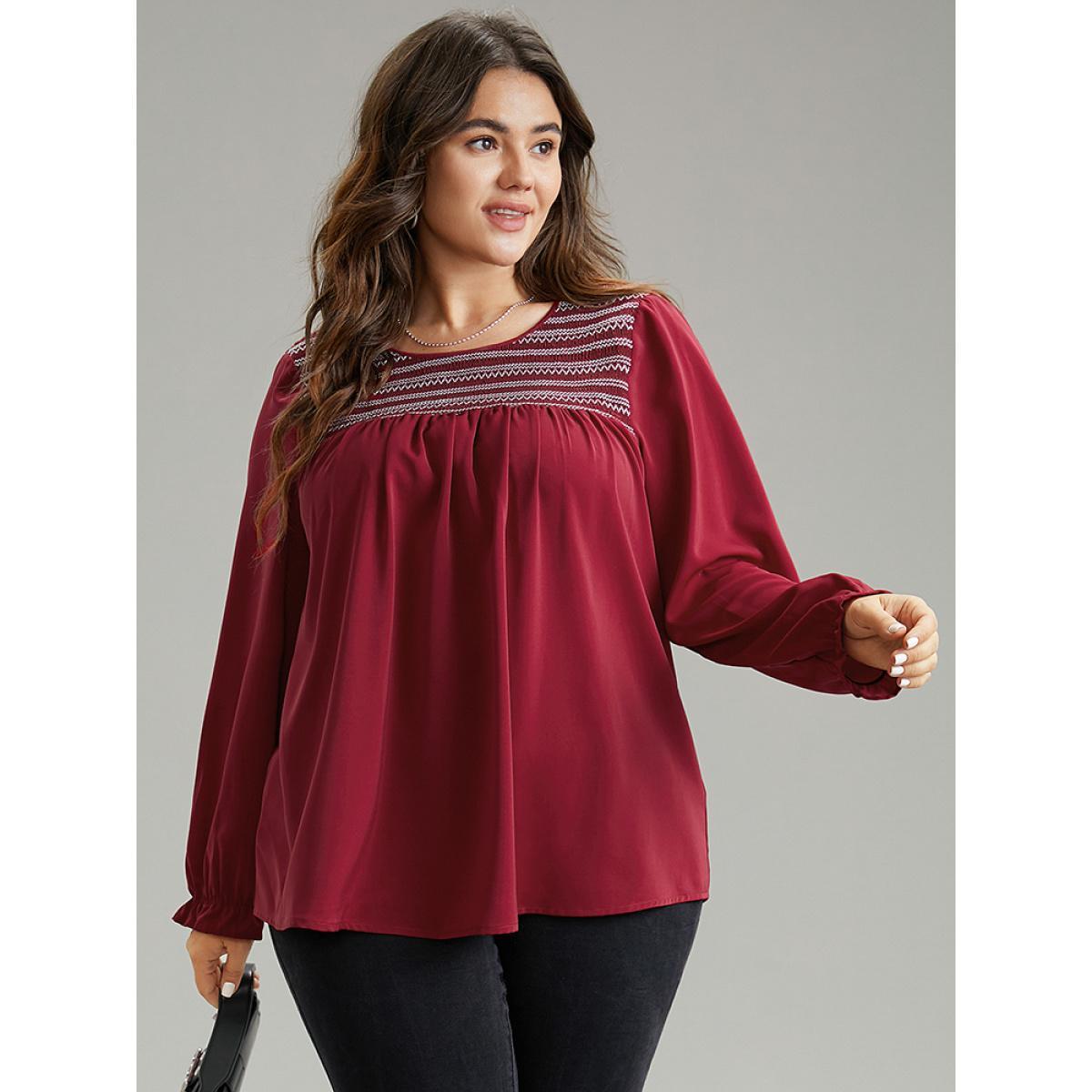 Plus Size Scarlet Contrast Trim Plicated Detail Flutter Sleeve Blouse Women Office Long Sleeve Round Neck Work Blouses BloomChic 26/4X Product Image