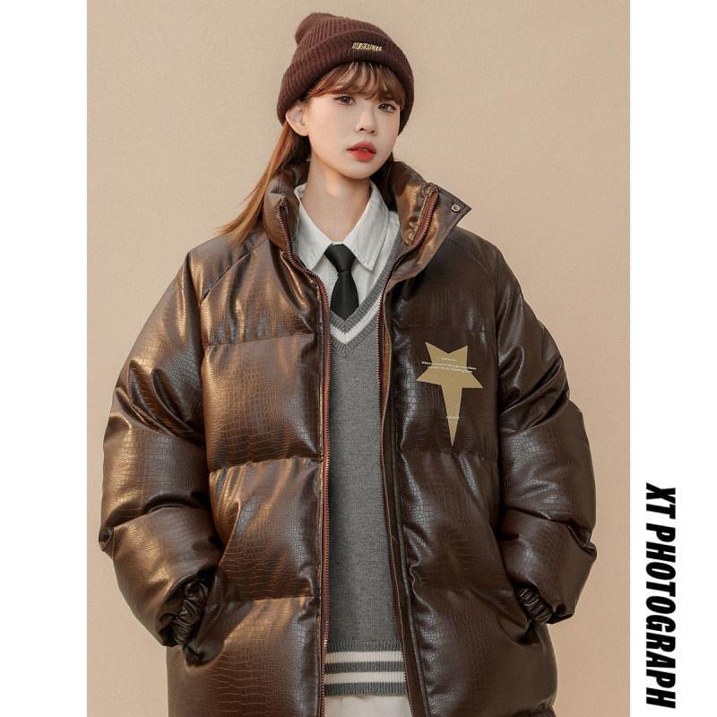 Stand Collar Star Print Crocodile Grain Faux Leather Zip Puffer Jacket Product Image