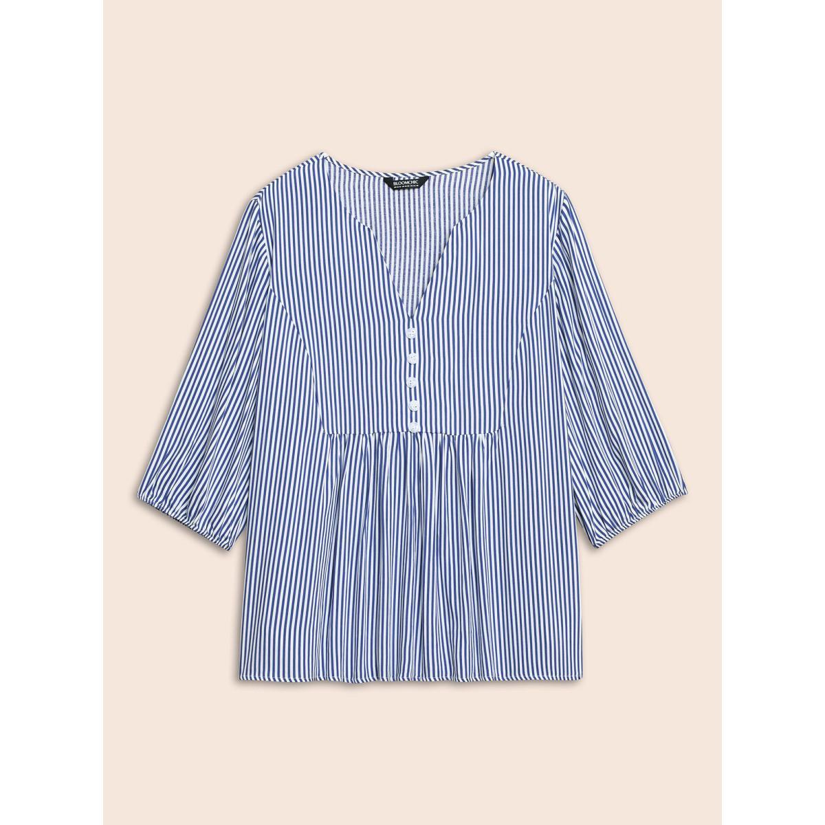 Plus Size Navy Striped Gathered Button Detail Lantern Sleeve Blouse Women Elegant Elbow-length sleeve V-neck Everyday Blouses BloomChic 18-20/2X Product Image