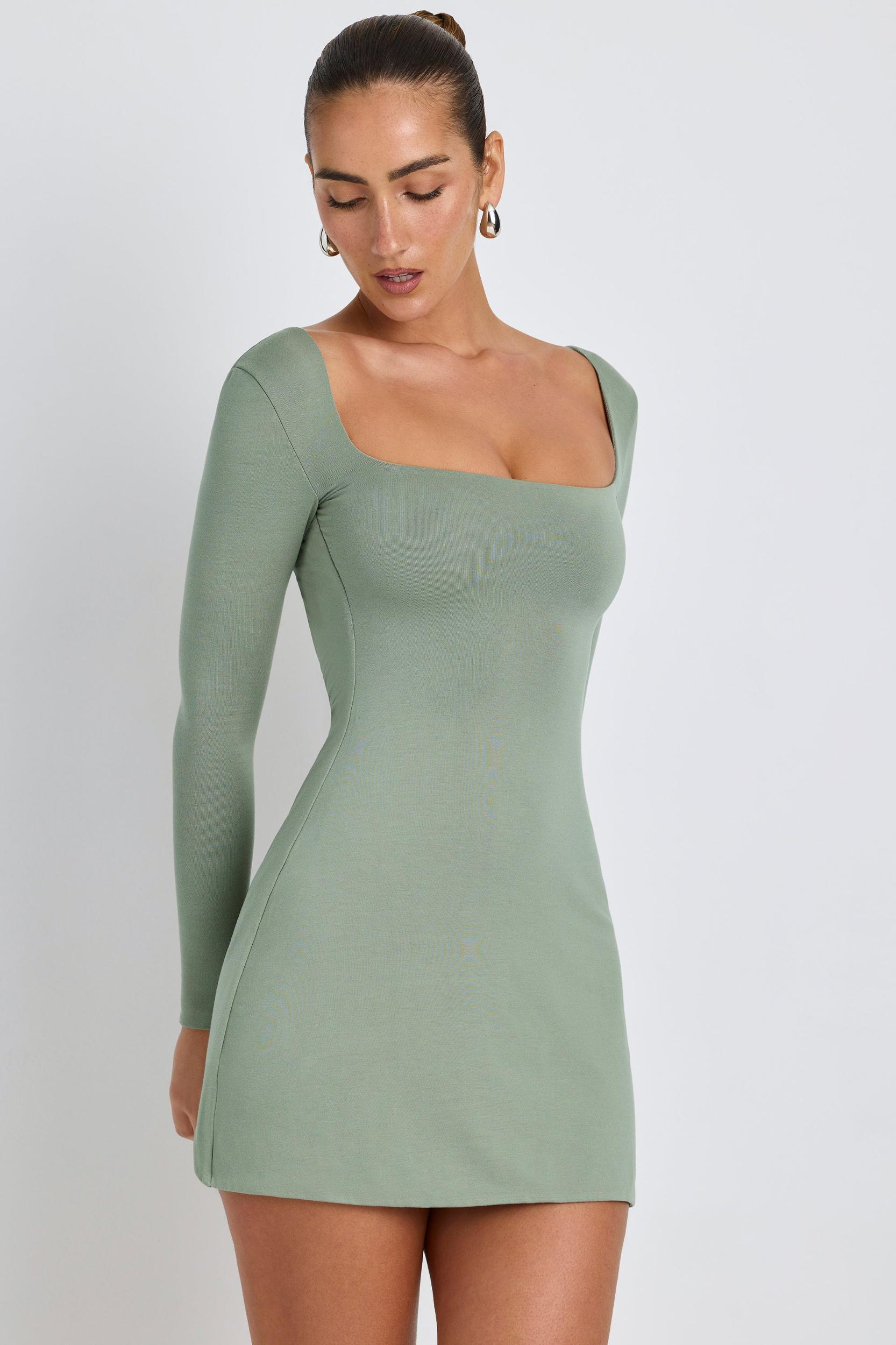 Modal Square Neck Long Sleeve Mini Dress in Sage Green Female Product Image