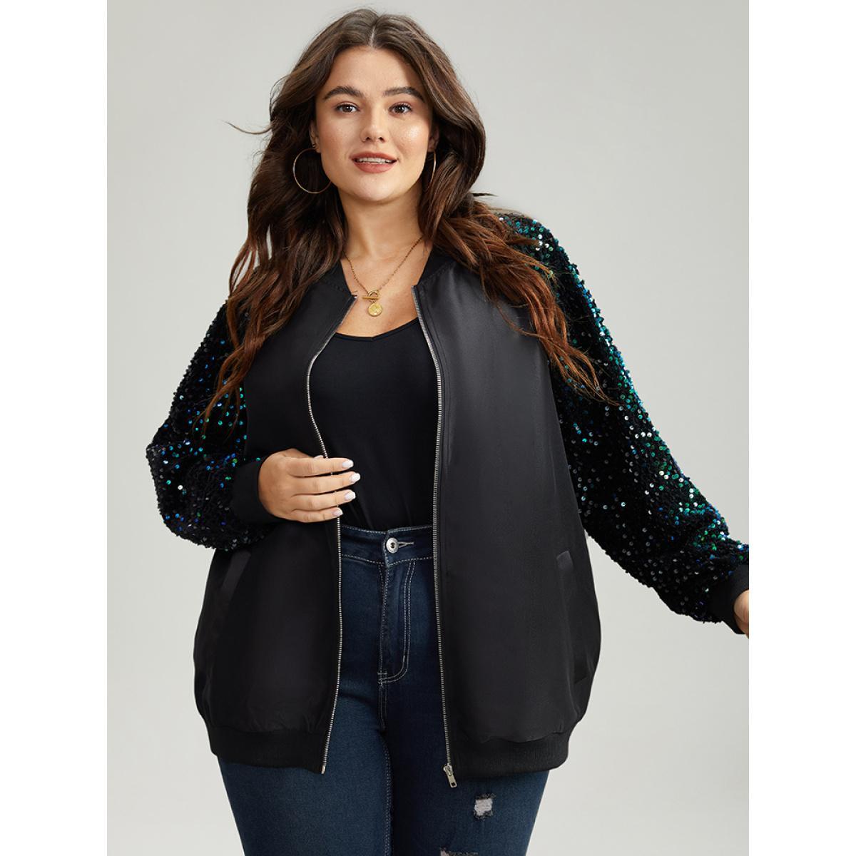 Plus Size Sequin Detail Patchwork Pocket Jacket Women Black Elastic cuffs Pocket Dailywear Jackets BloomChic 18-20/2X Product Image