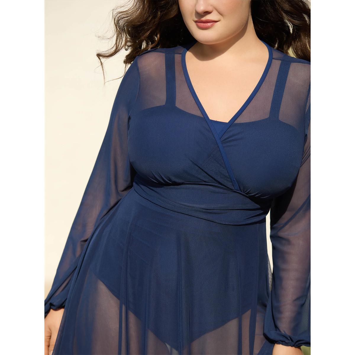 Plus Size Long Sleeve Mesh Ruffle Hem Swim Dress Women's Swimwear Mediumblue Beach Bodycon Overlap Collar High stretch Curve Swim Dresses BloomChic 14-16/1X Product Image