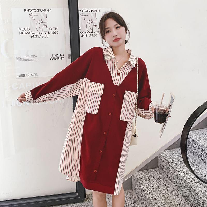 Long-Sleeve Striped Panel Midi Shirt Dress Product Image