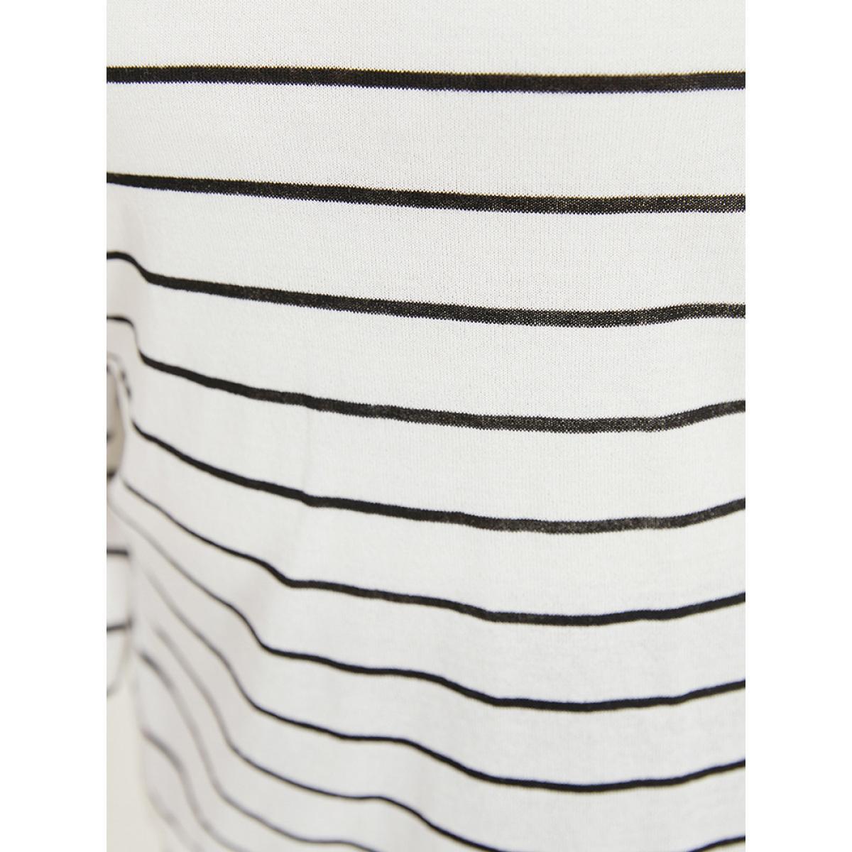 Plus Size Striped Split Side Lightweight Elastic Cuffs Pullover White Women Casual Loose Long Sleeve Round Neck Everyday Pullovers BloomChic 26/4X Product Image