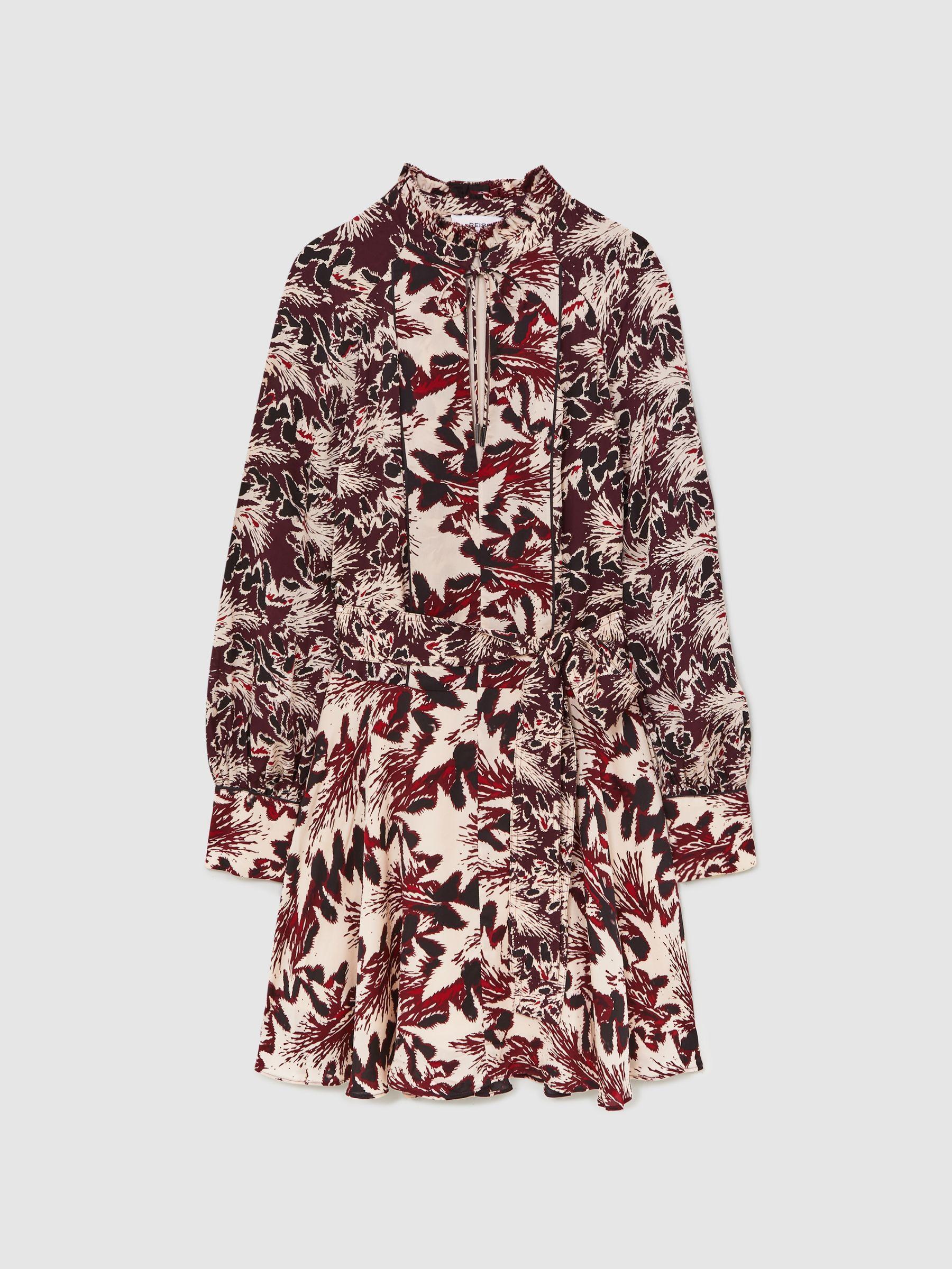 Printed Tie-Waist Flippy Mini Dress in Burgundy/Cream Product Image