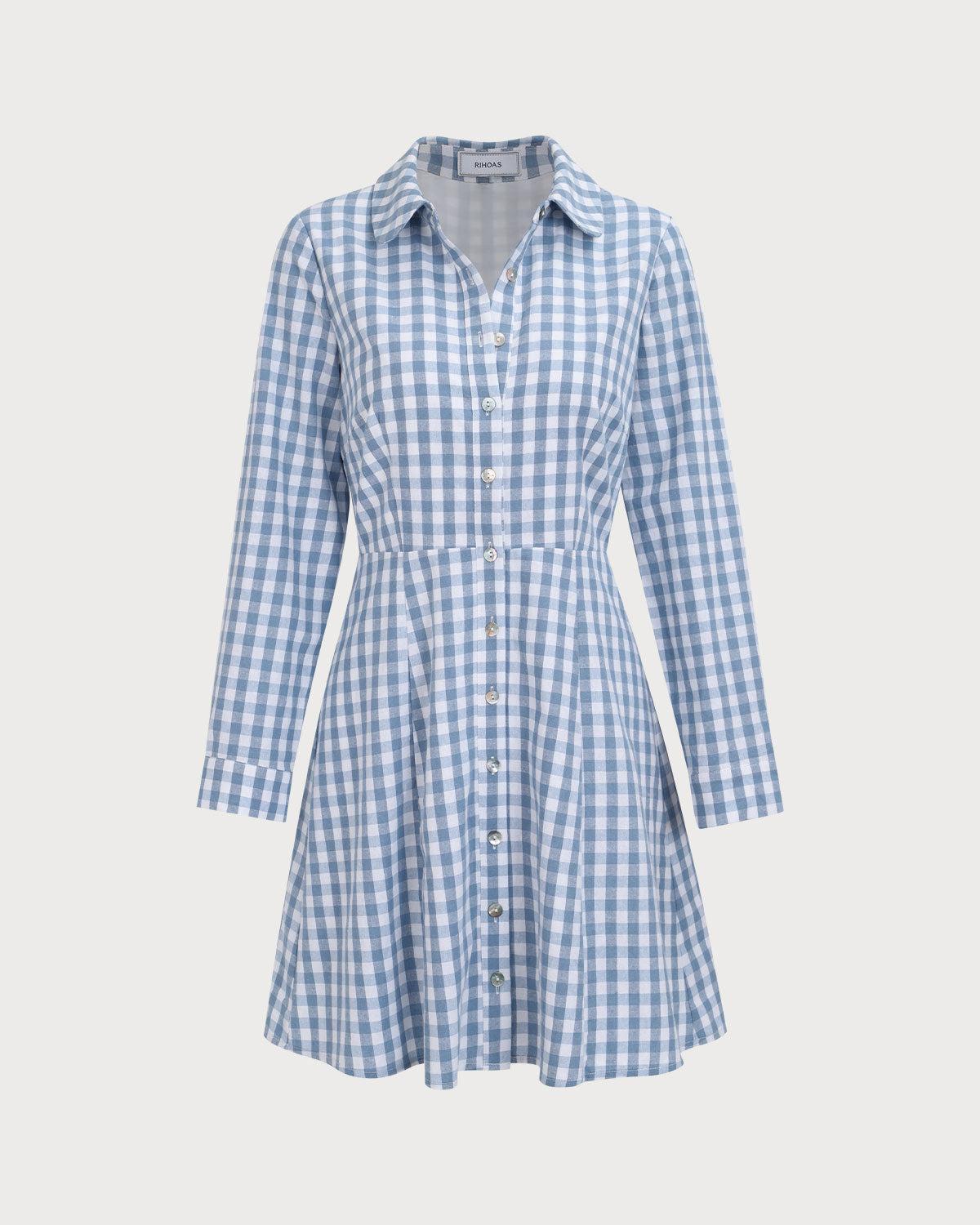 Women's Blue Plaid Long Sleeve Mini Dress Female Product Image