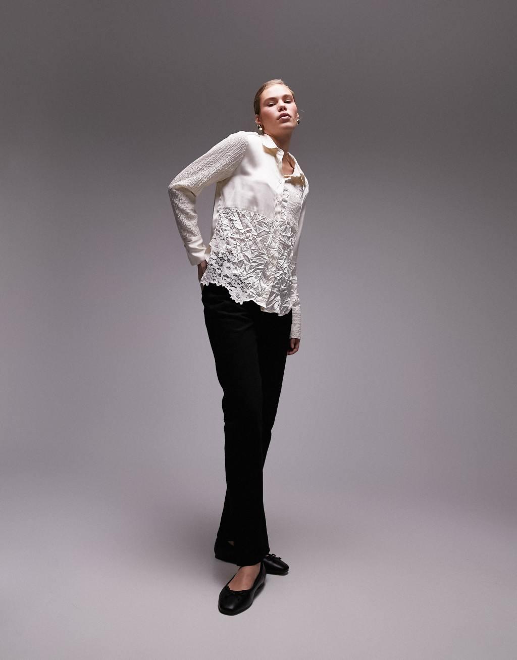 Topshop crinkle satin lace patchwork shirt Product Image
