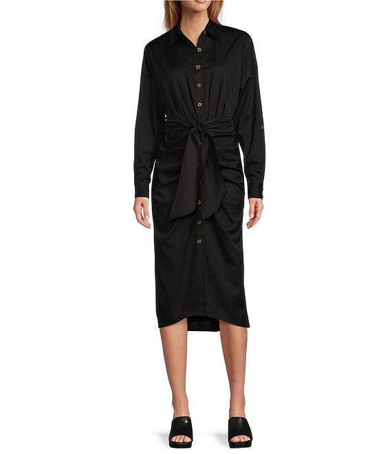 Antonio Melani Roxanne Point Collar Long Sleeve Ruched Tie Waist Button Front Shirt Dress Product Image