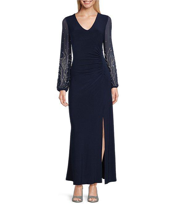 Marina Mesh Beaded Puff Long Sleeve V-Neck Front Slit Gown Product Image