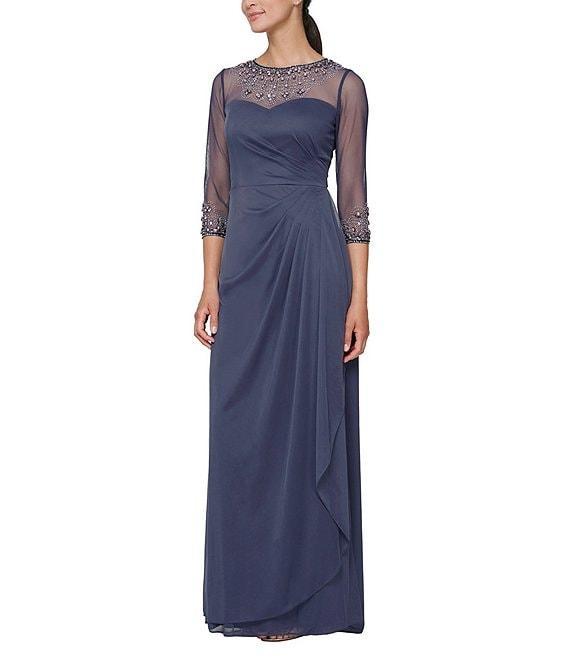 Alex Evenings Long Beaded Illusion Sweetheart Neck 3/4 Sleeve Ruched Dress Product Image