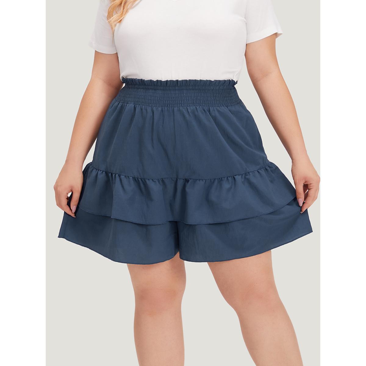 Plus Size Solid Paperbag Waist Shirred Layered Hem Shorts Women Indigo Casual Plain Dailywear Shorts BloomChic 14-16/1X Product Image