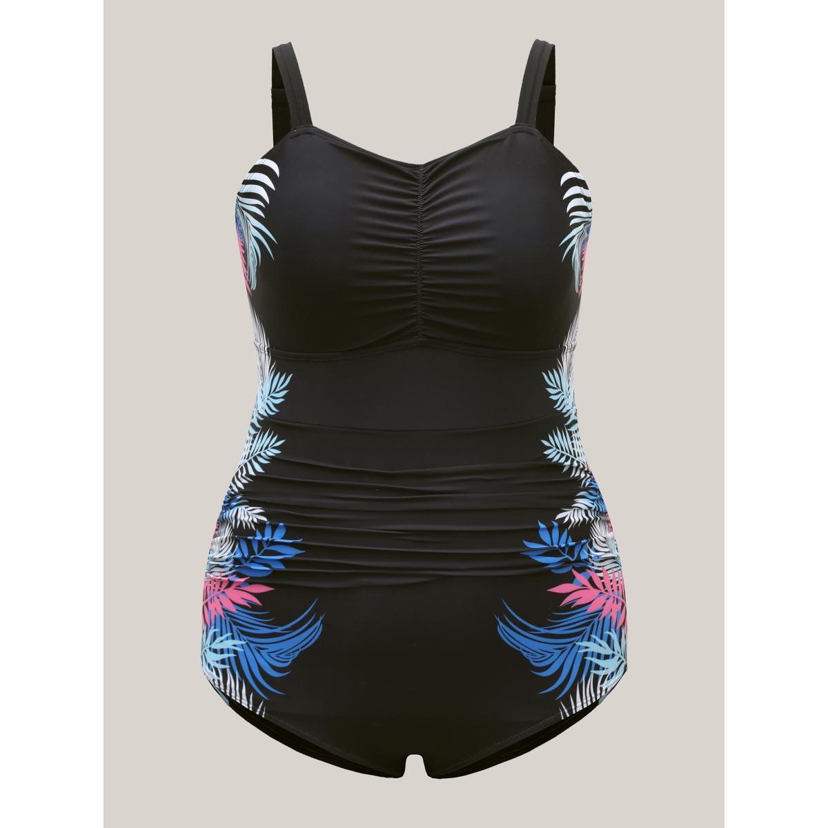 Plus Size Floral Pattern Sweetheart Neck One-Piece Swimsuit Women's Swimwear Black Beach Gathered Curve Bathing Suits High stretch One Pieces BloomChic 22-24/3X Product Image