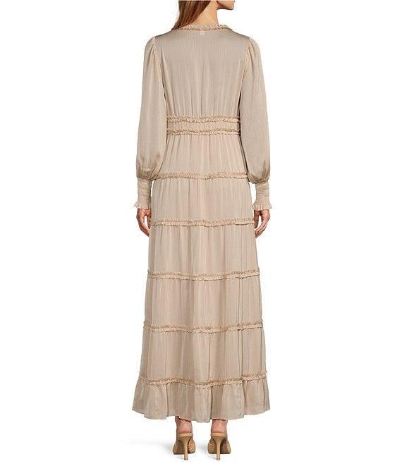 Chelsea & Violet Plisse Satin Ruffle Deep V-Neck Long Smocked Cuff Sleeve Tiered Maxi Dress Product Image