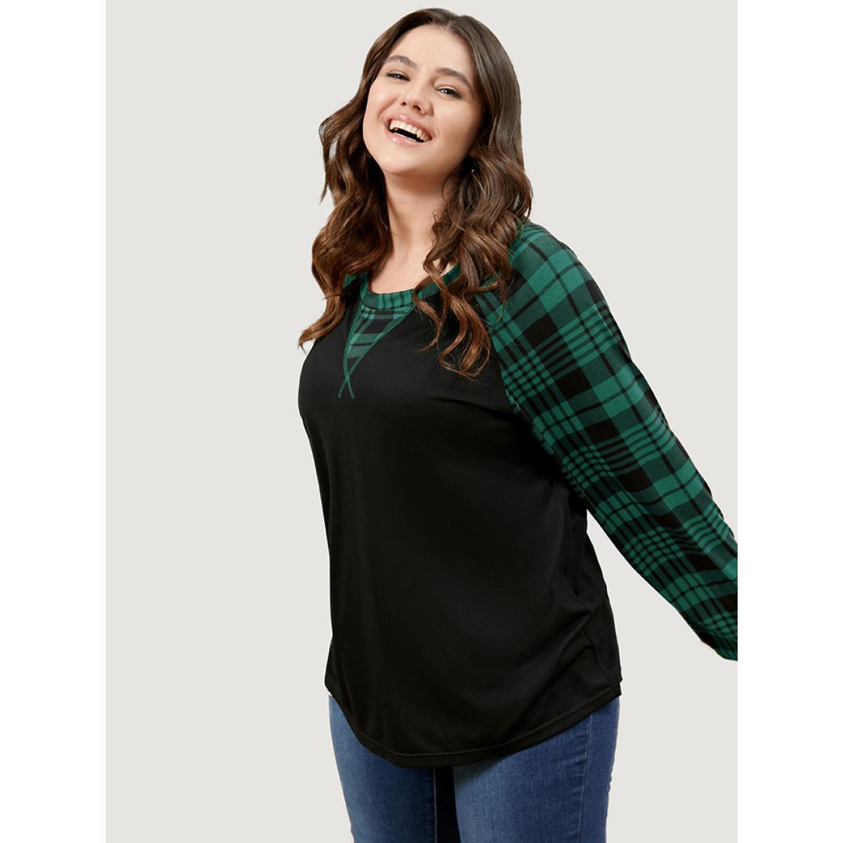 Plus Size Plaid Patchwork Bell Sleeve Long Tee DarkGreen Women Casual Contrast Plaid Round Neck Dailywear T-shirts BloomChic 22-24/3X Product Image