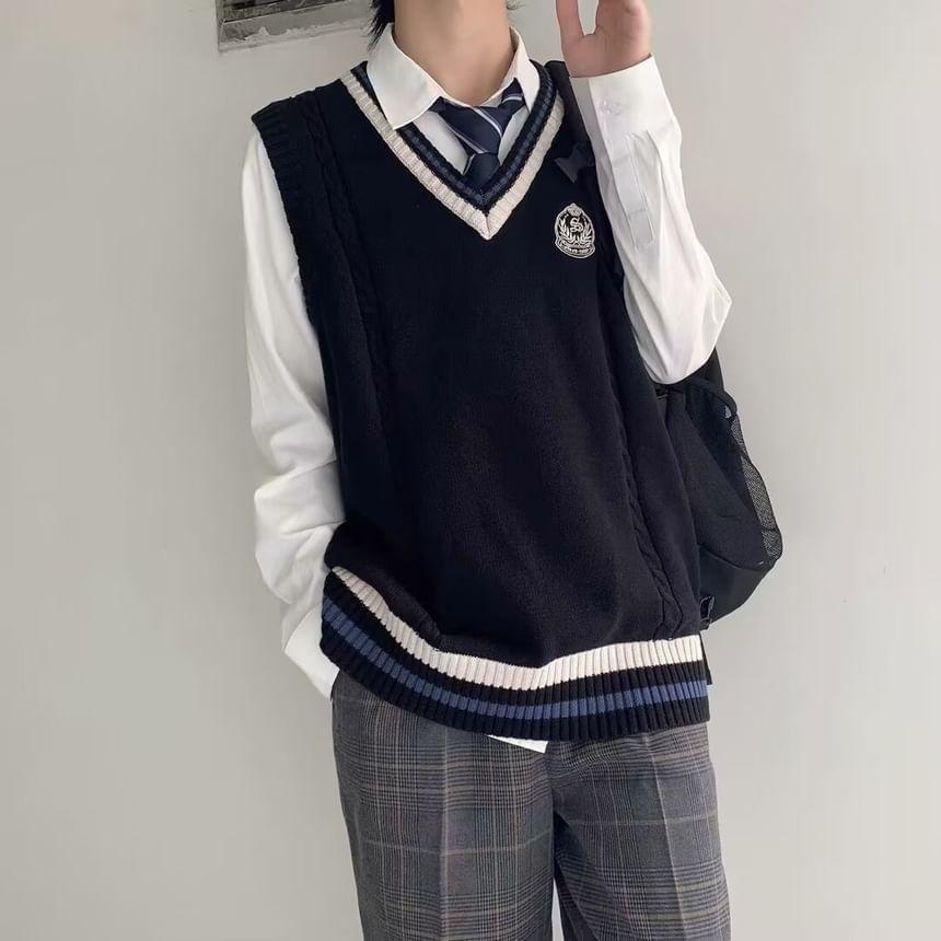V-Neck Embroidered Striped Sweater Vest Product Image