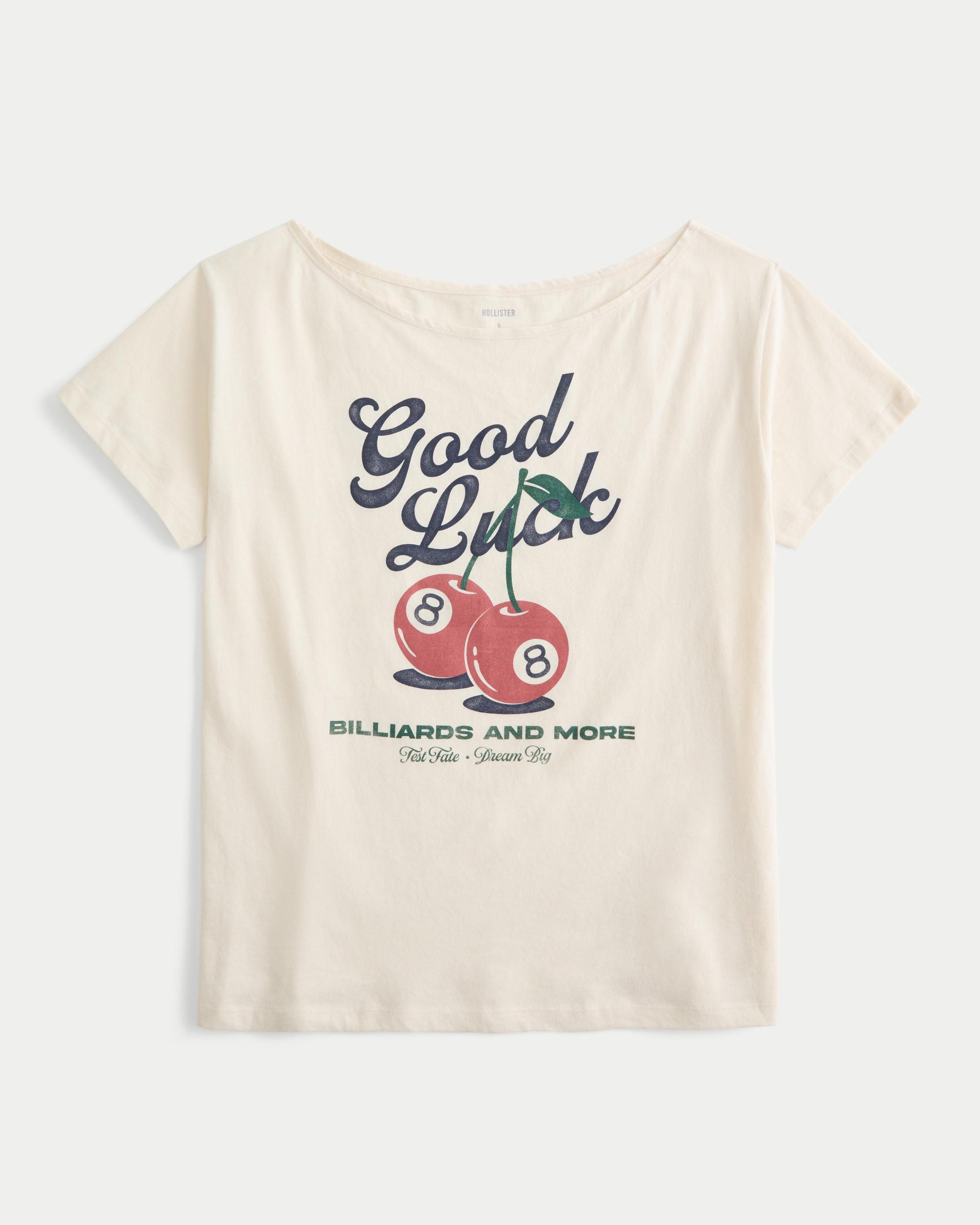 Oversized Off-the-Shoulder Good Luck Graphic Tee Product Image