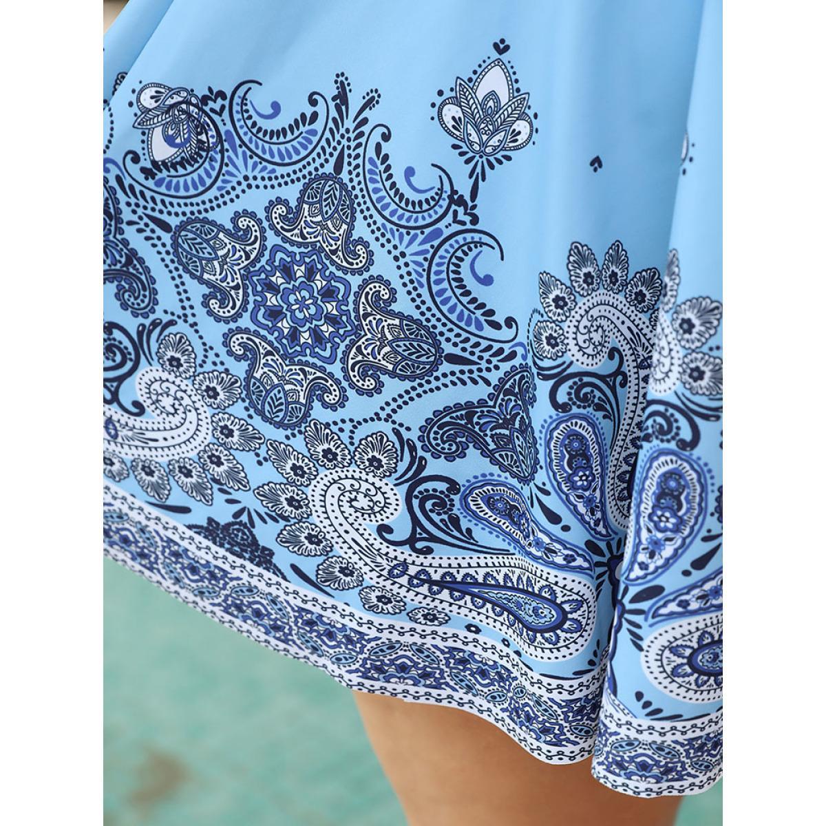Plus Size Bandana Print Surplice Neck A Line Swim Dress Women's Swimwear LightBlue Vacation Bodycon V-neck High stretch Curve Swim Dresses BloomChic 14-16/1X Product Image