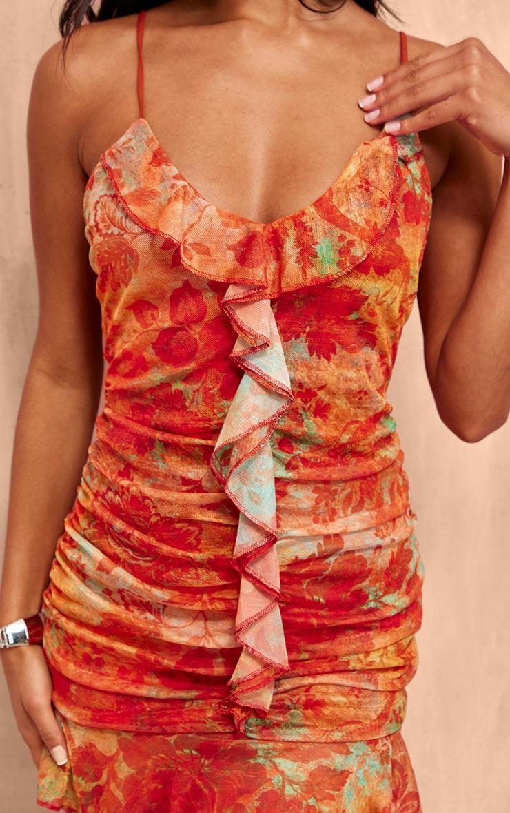 Orange Floral Abstract Print Frill Detail Shift Dress Product Image