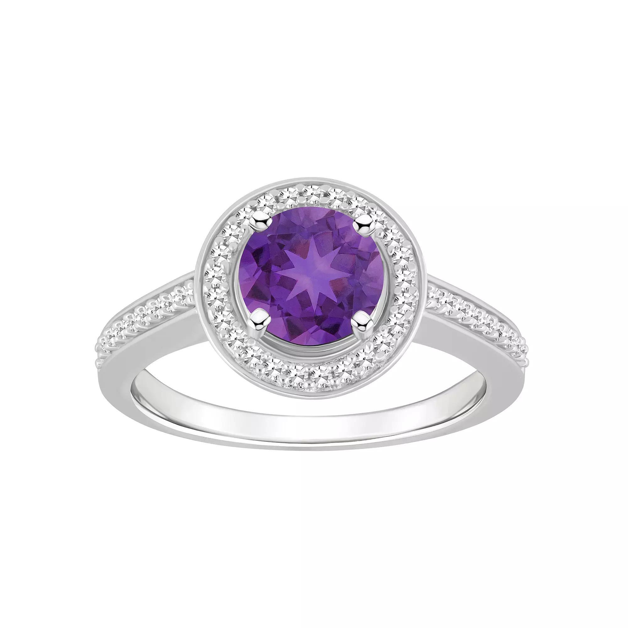 Celebration Gems Sterling Silver 7 mm Round Gemstone & 1/5 Carat T.W. Diamond Halo Ring, Womens, Purple Product Image