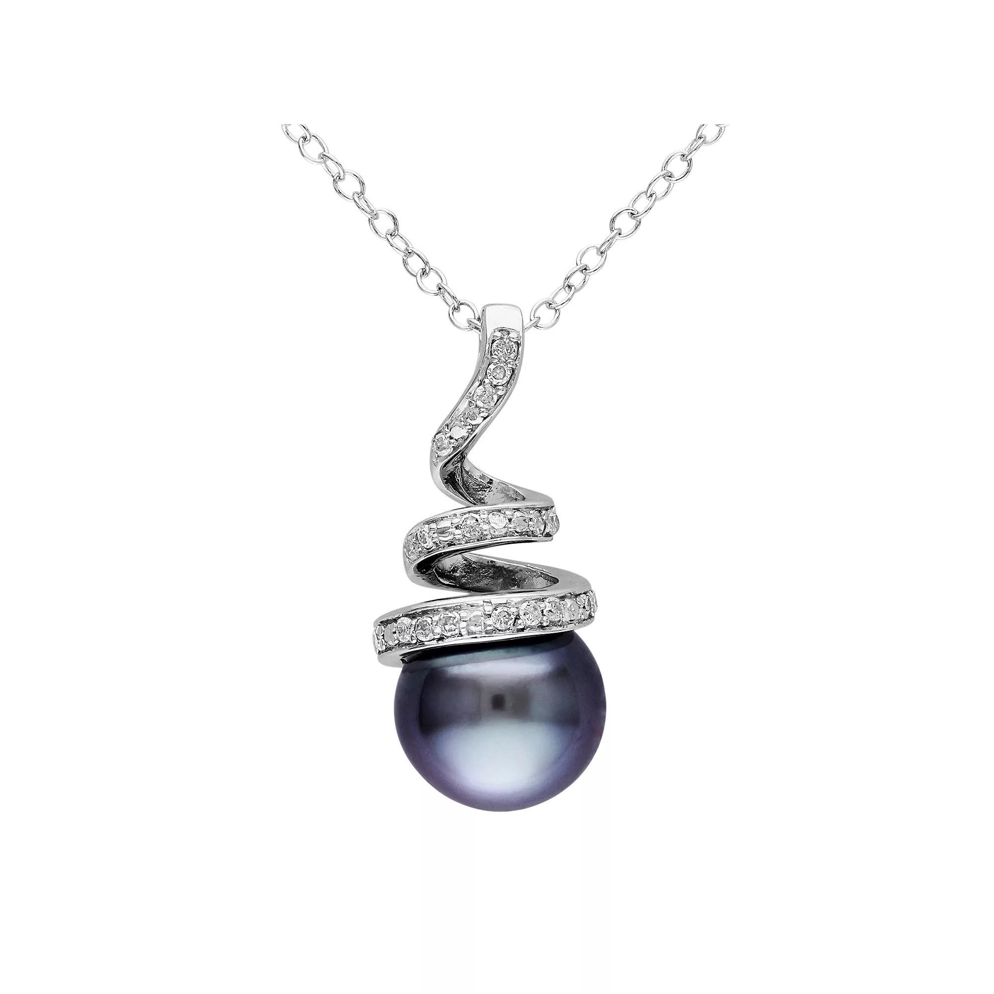 Stella Grace Sterling Silver Tahitian Cultured Pearl & 1/10 Carat T.W. Diamond Swirl Pendant Necklace, Womens Black Product Image