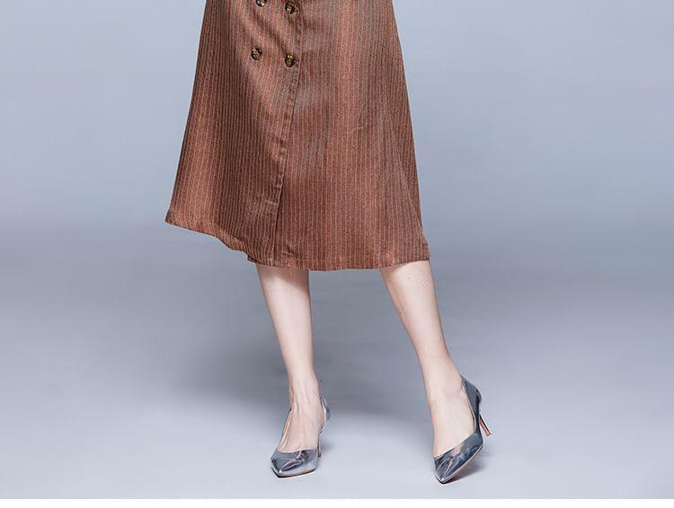 Long Sleeve Collared Pinstriped Double Breasted Belted Midi A-Line Dress Product Image