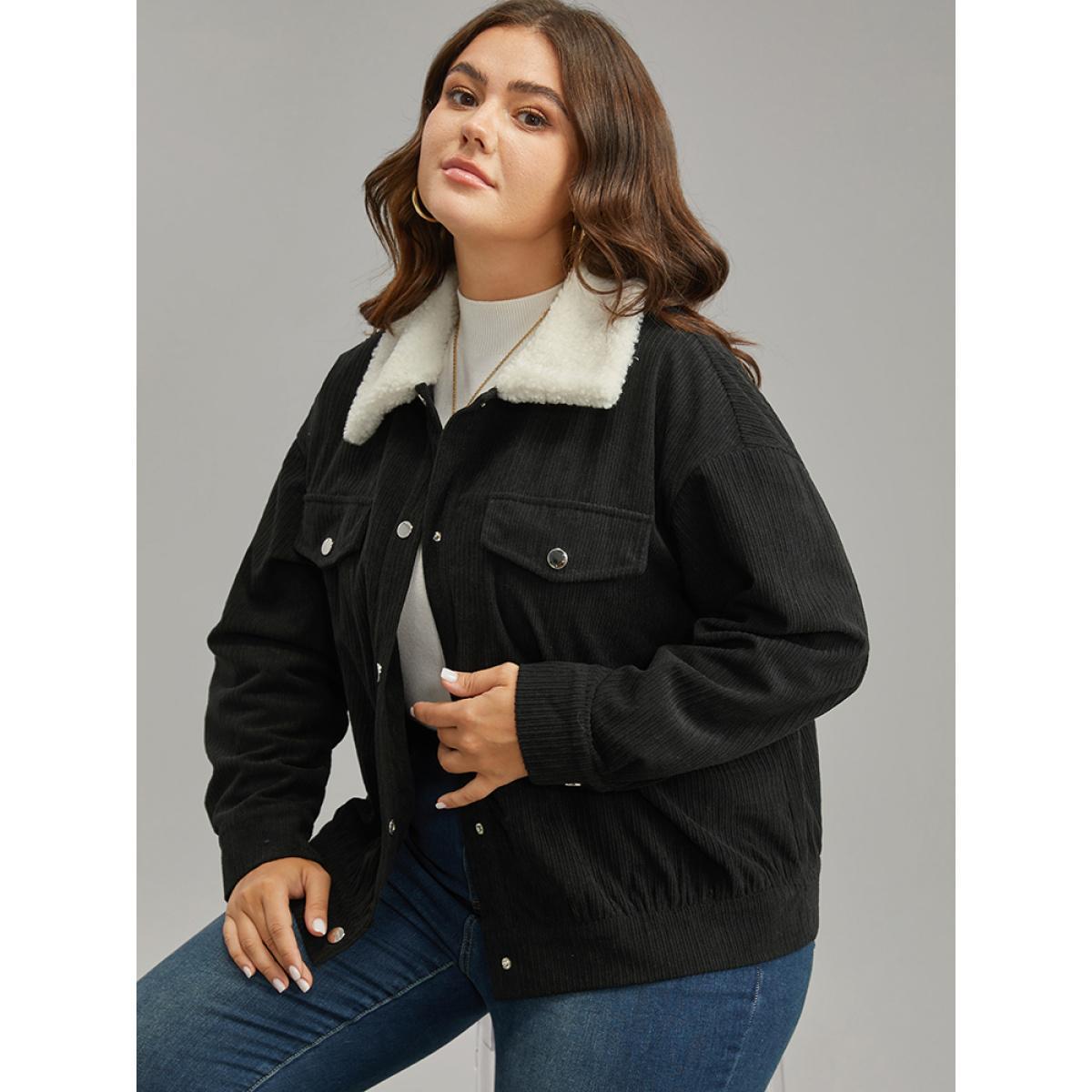 Plus Size Contrast Patchwork Metal Detail Shacket Women Black Contrast Dailywear Jackets BloomChic 12/L Product Image