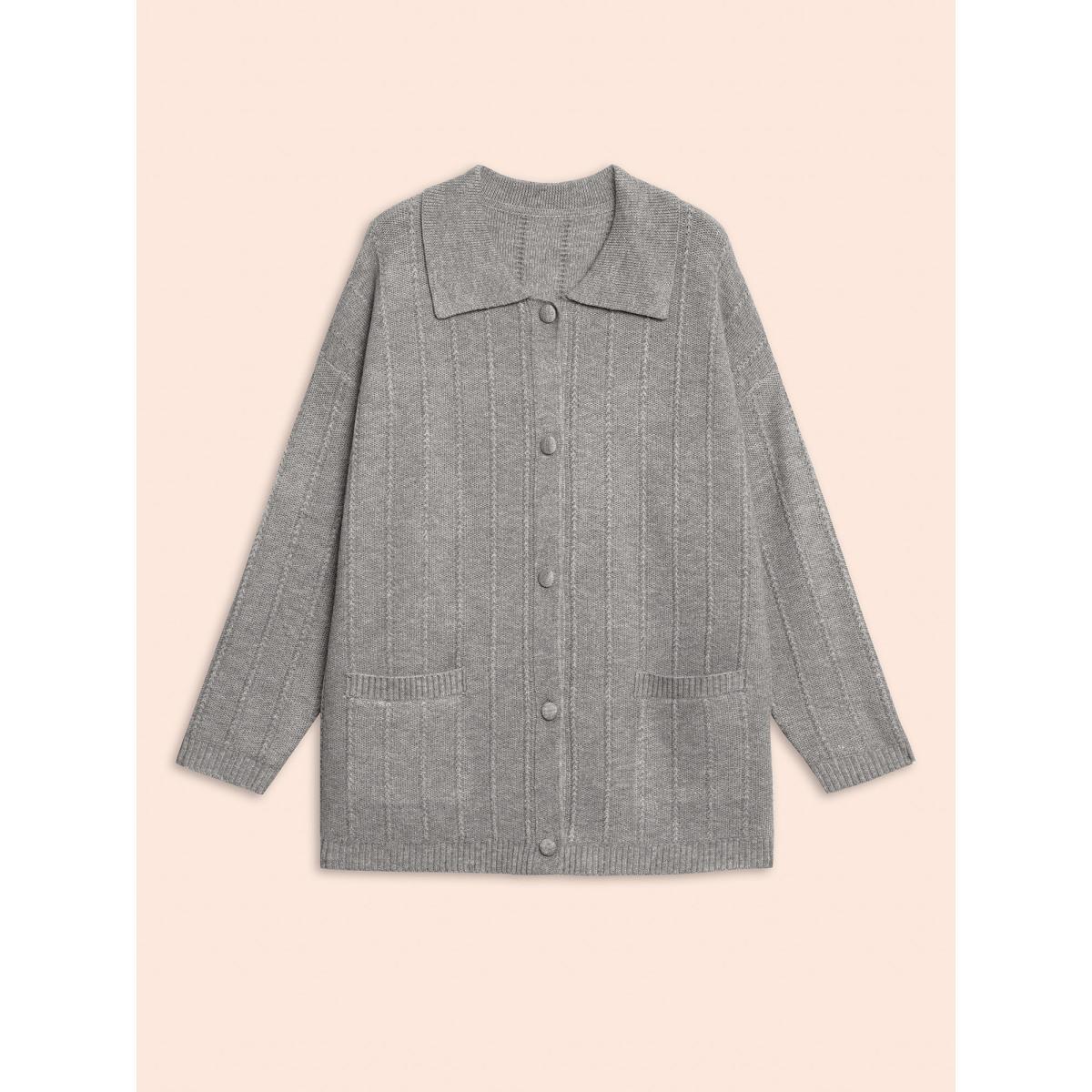 Plus Size Plain Textured Polo Neck Pocket Cardigan Mediumgray Women Casual Loose Long Sleeve Everyday Cardigans BloomChic 18-20/2X Product Image