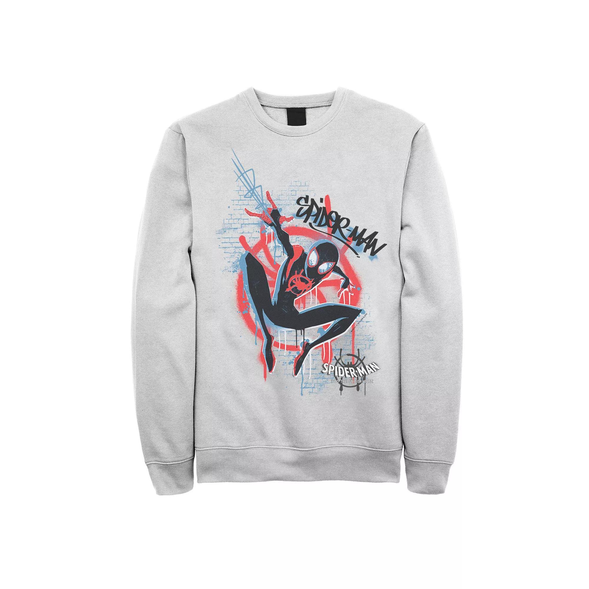 Men's Marvel Spiderverse Blue Red Brick Graffiti Graphic Fleece Pullover, Size: XXL, White Product Image