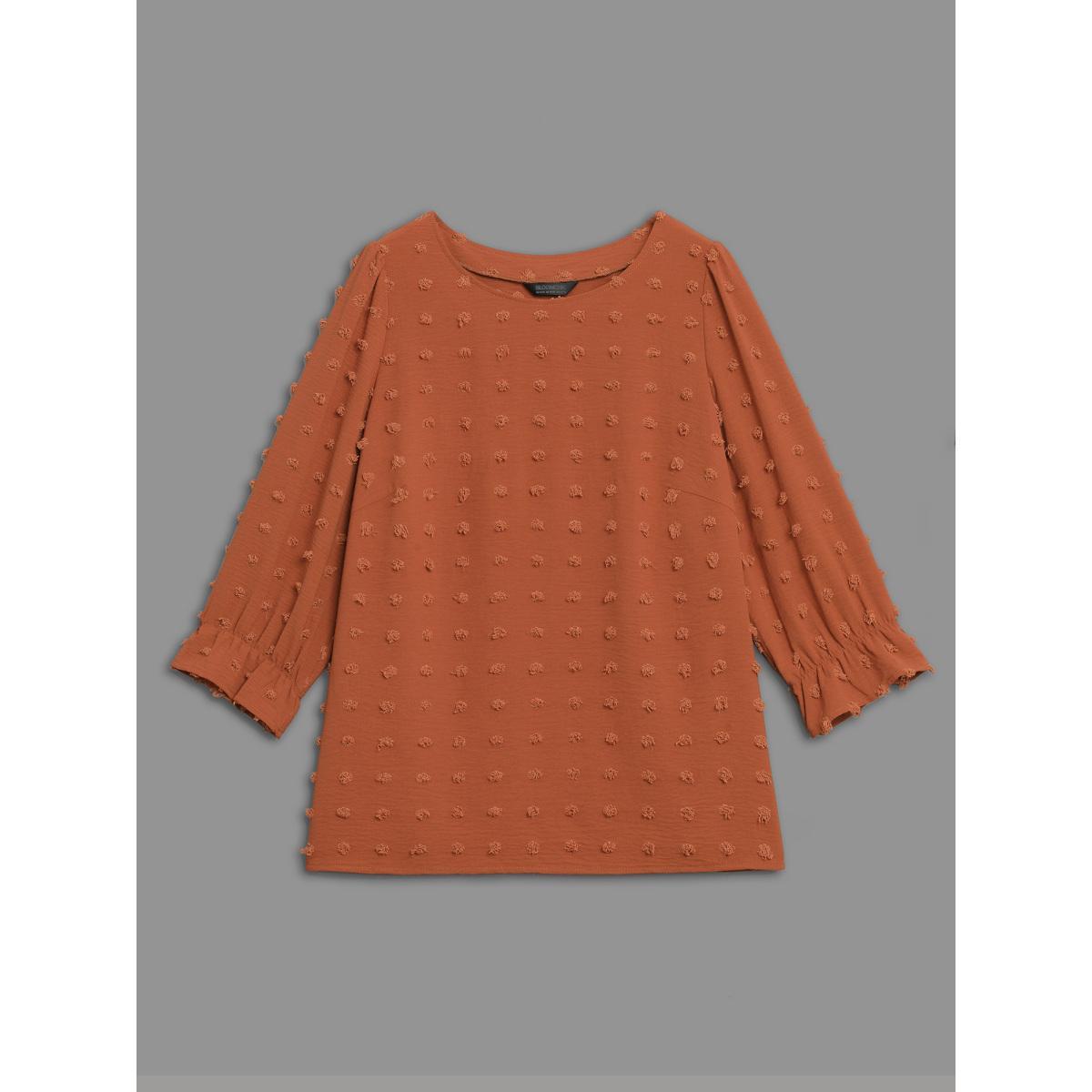 Plus Size Yellowishbrown Textured Balloon Sleeves Round Neck Blouse Women Elegant Elbow-length sleeve Round Neck Everyday Blouses BloomChic 10/M Product Image