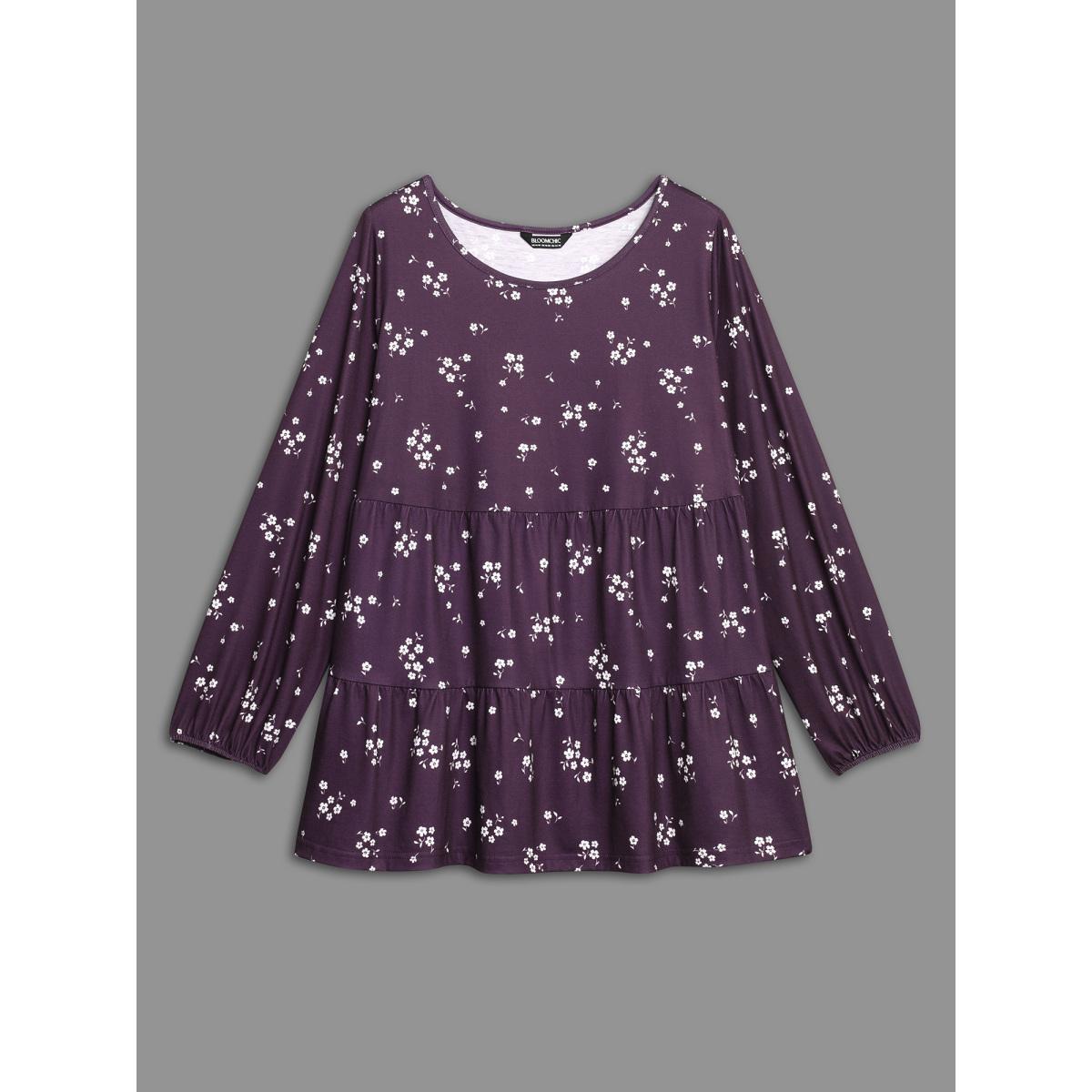 Plus Size Ditsy Floral Gathered Ruffle Hem T-shirt Eggplant Women Casual Gathered Natural Flowers Round Neck Loose Everyday T-shirts BloomChic 26/4X Product Image