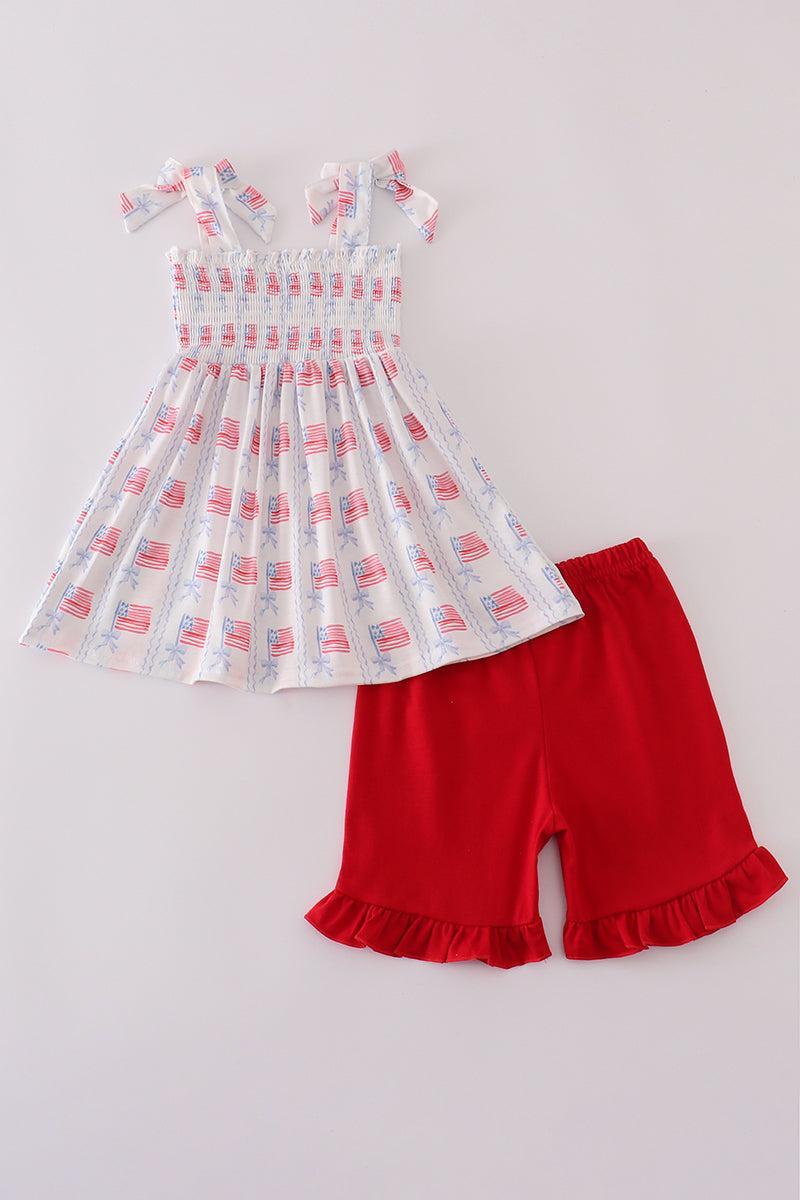 Bow embroidery smocked shorts set Product Image