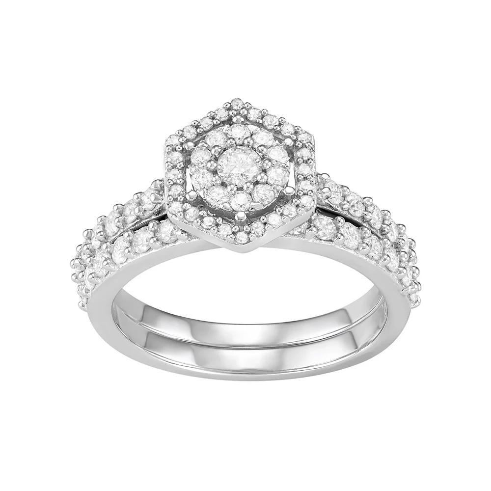 Jewelexcess 10k White Gold 1 Carat T.W. Diamond Tiered Halo Engagement Ring Set, Women's, Size: 6 Product Image