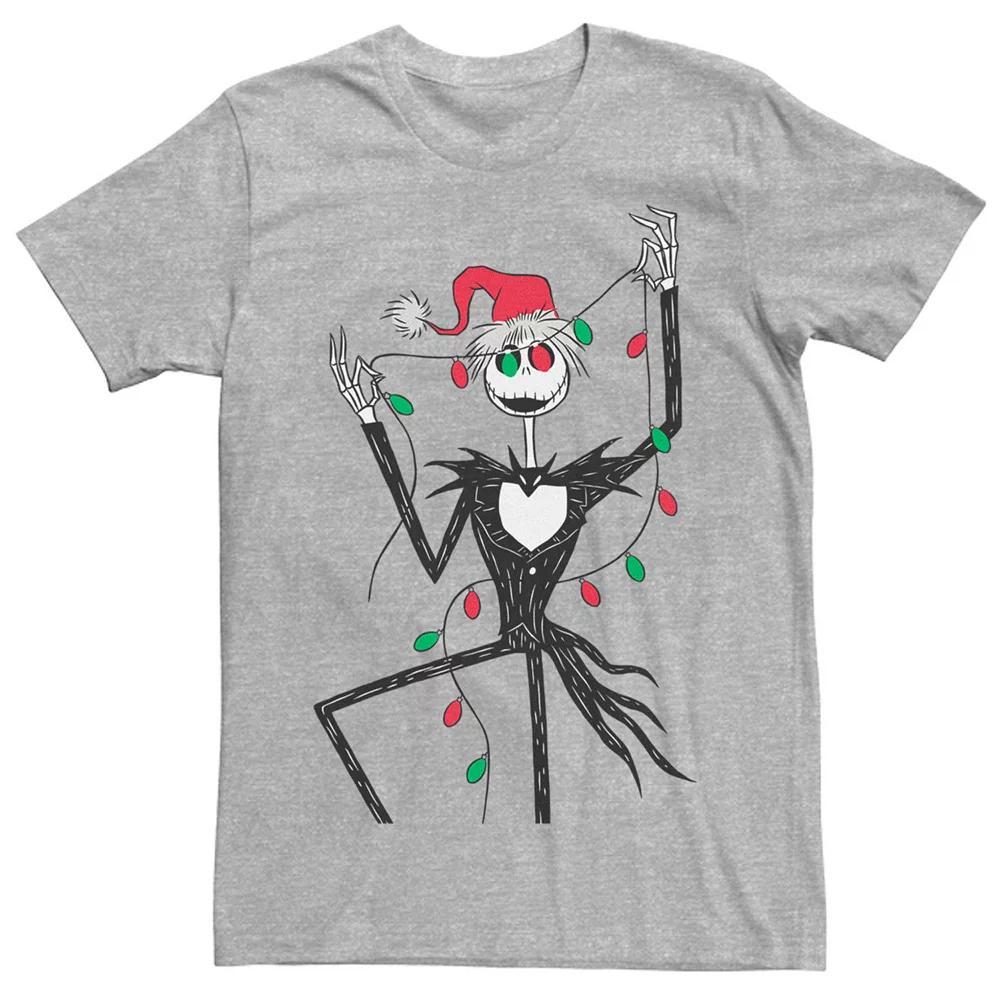 Men's Nightmare Before Christmas Jack Red And Green Christmas Lights Tee, Size: Medium, Athletic Grey Product Image