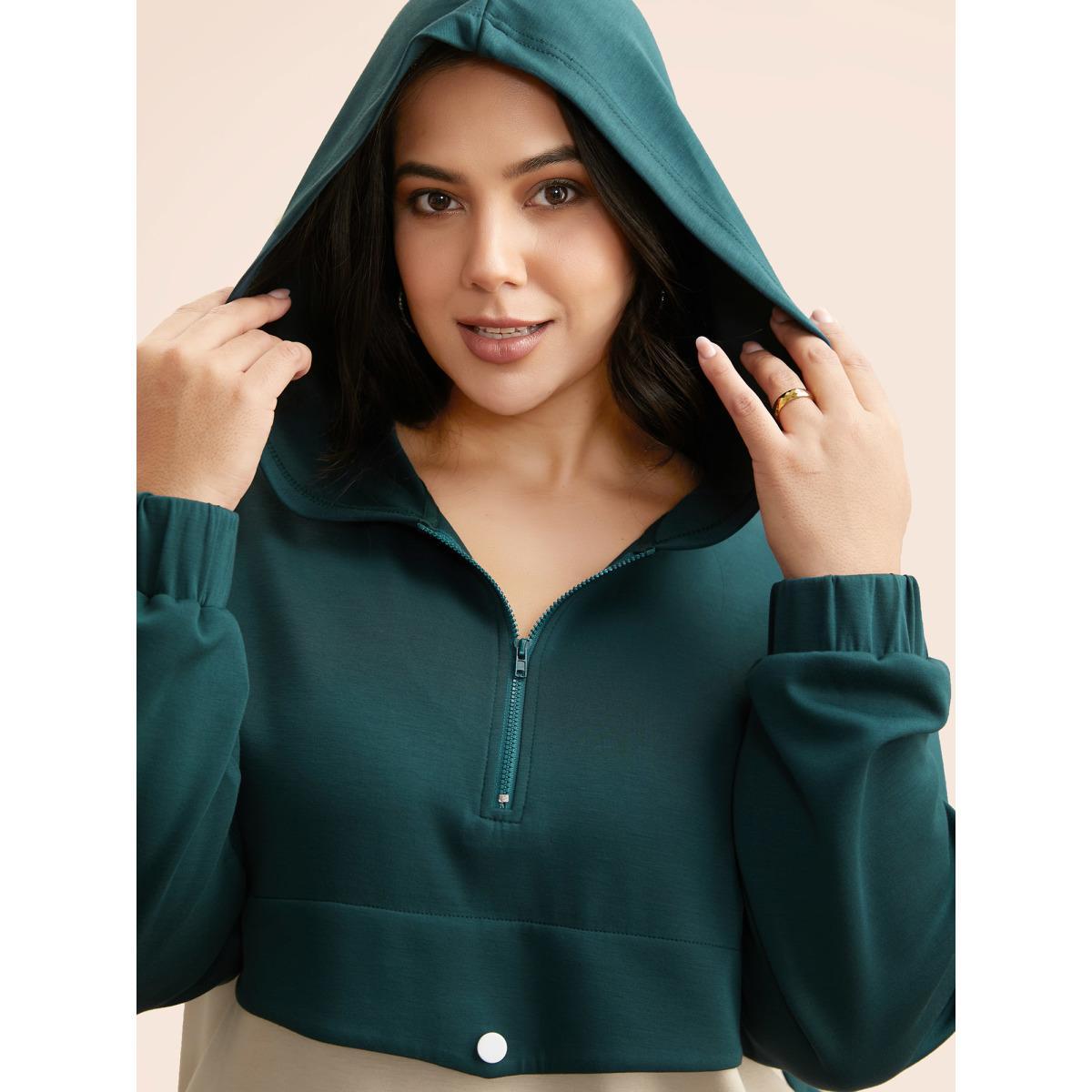 Plus Size Contrast Half Zip Hooded Sweatshirt Women Cyan Casual Contrast Hooded Everyday Sweatshirts BloomChic 14-16/1X Product Image