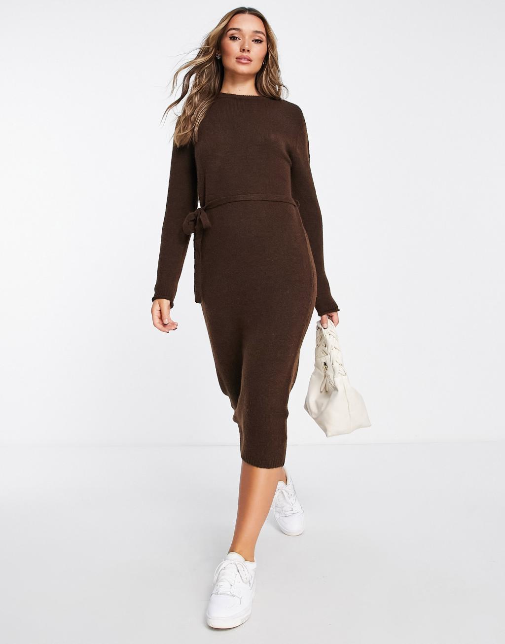 ASOS DESIGN knit midi dress with tie waist Product Image