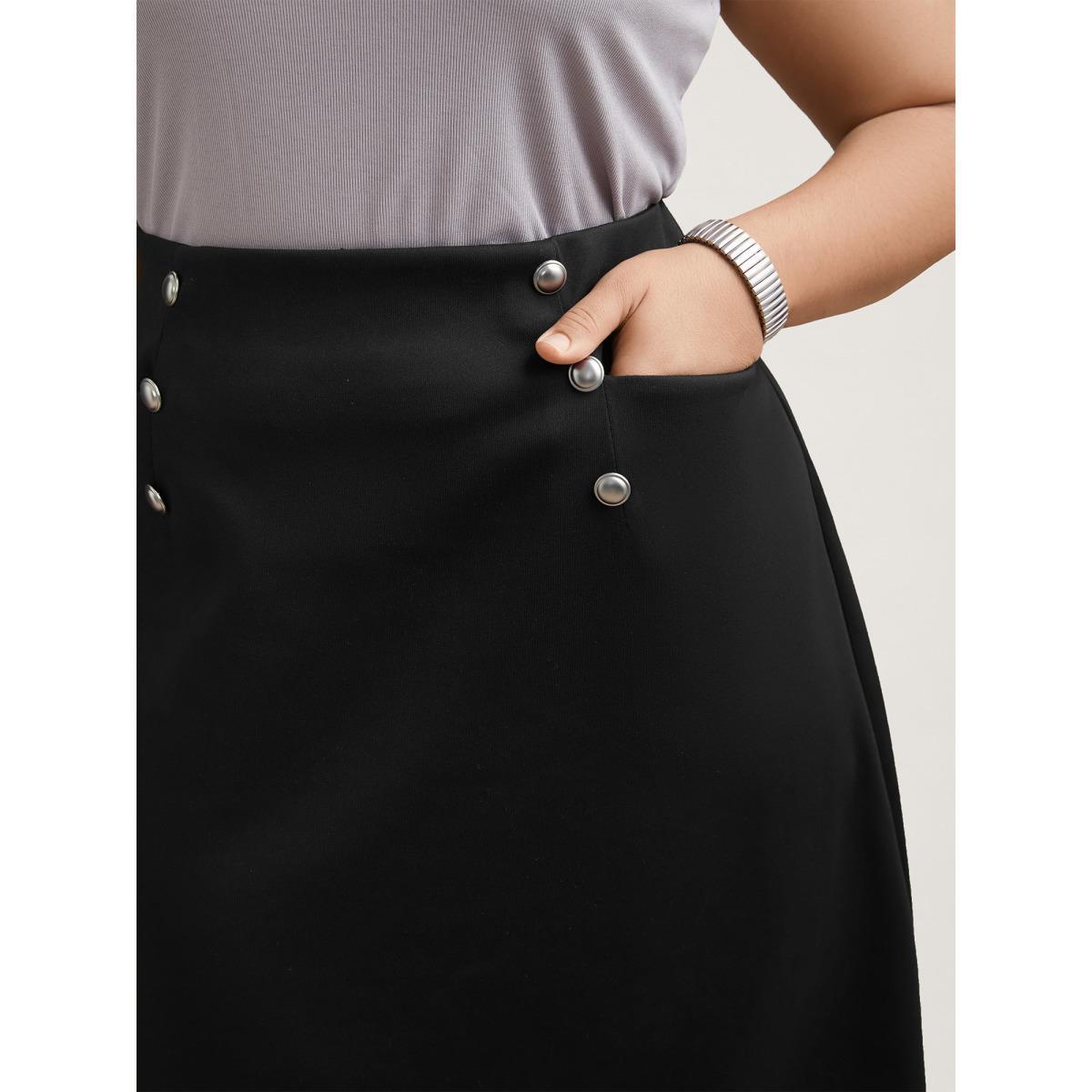 Plus Size Buckle Side Buttons Flared Midi Skirt Women Black At the Office Button Medium stretch Slanted pocket Work Skirts BloomChic 12/L Product Image