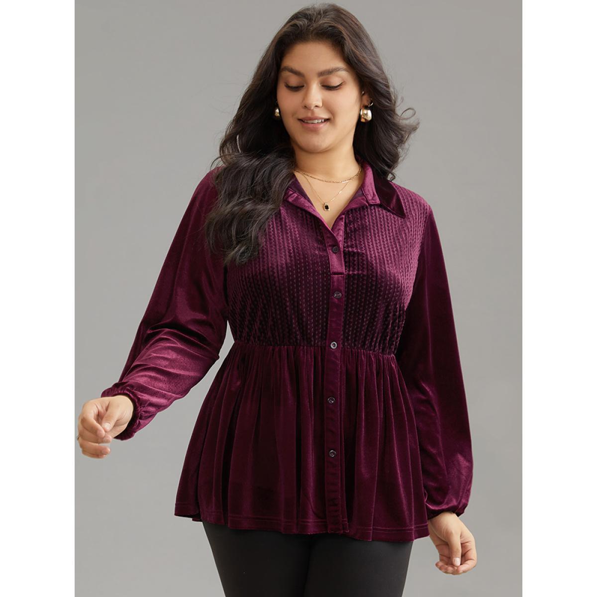 Plus Size Burgundy Shirt Collar Button Through Lantern Sleeve Corduroy Blouse Women Elegant Long Sleeve Shirt collar Dailywear Blouses BloomChic 30/6X Product Image