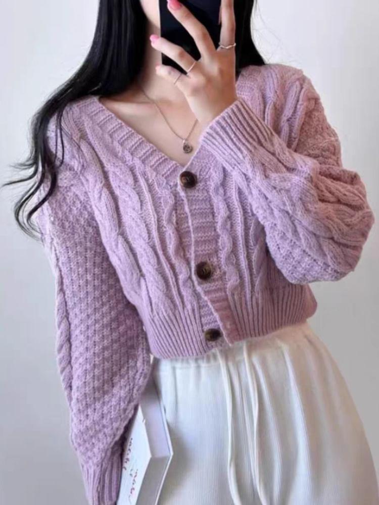 V-Neck Plain Cable Knit Cropped Cardigan Product Image