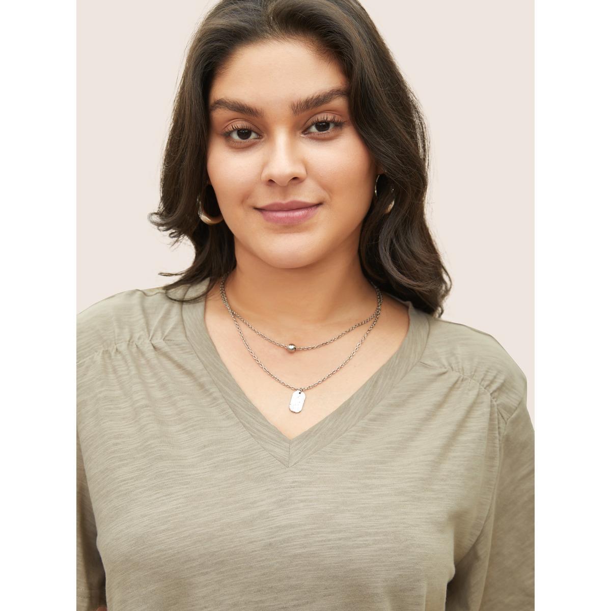 Plus Size Plain Ruffle Sleeve Heather V Neck T-shirt LightBrown Women Casual Plain V-neck Everyday T-shirts BloomChic 28/5X Product Image